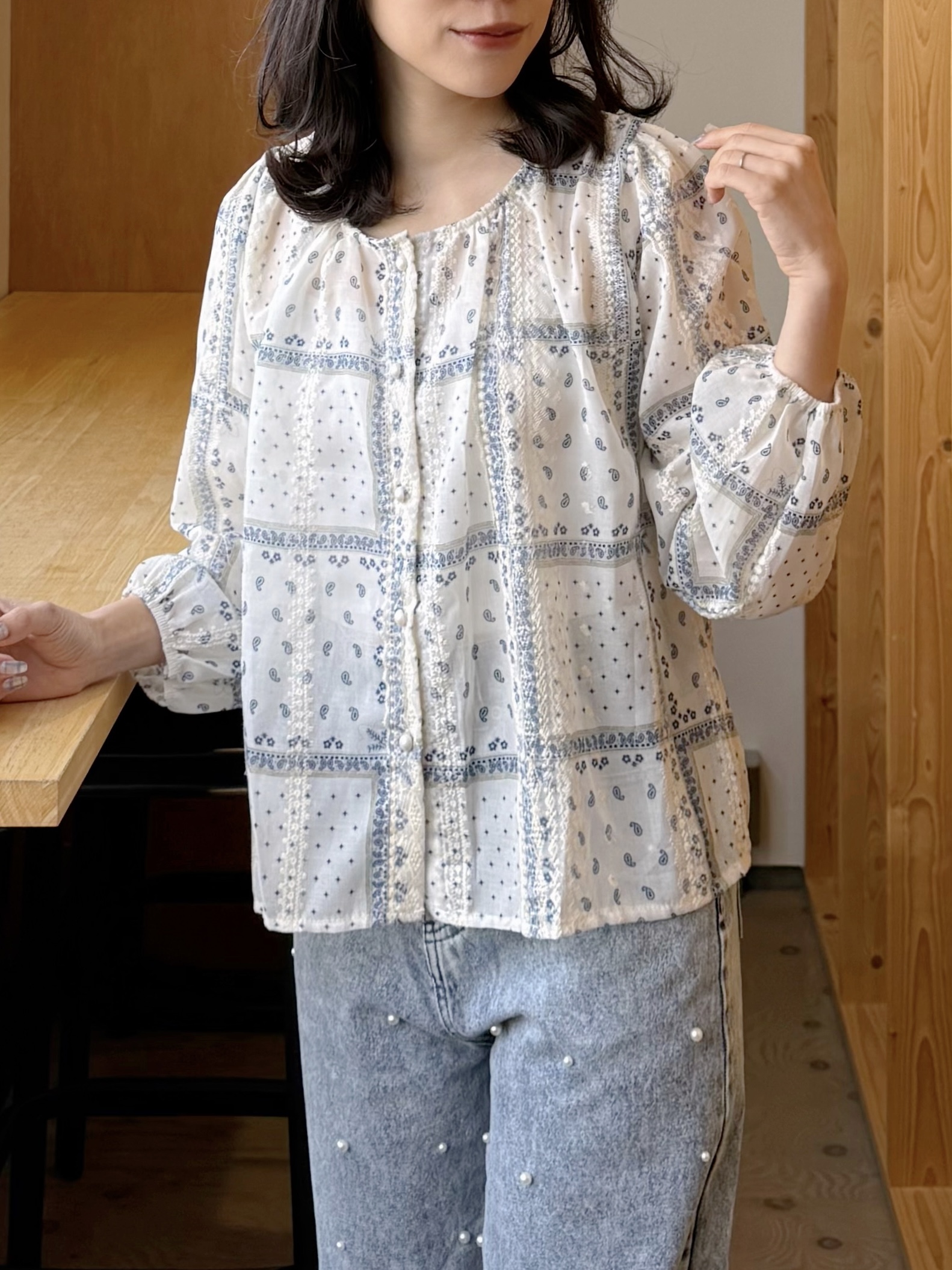 藍白印花8分袖雪紡上衣