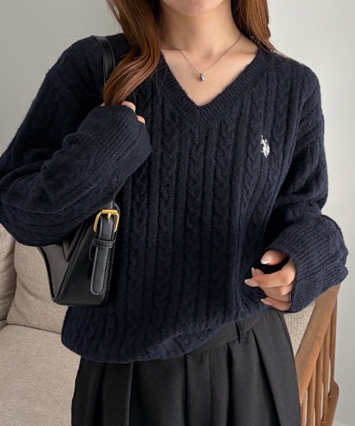 5色・M-LL・U.S. POLO ASSN. 刺繡V領麻花針織上衣