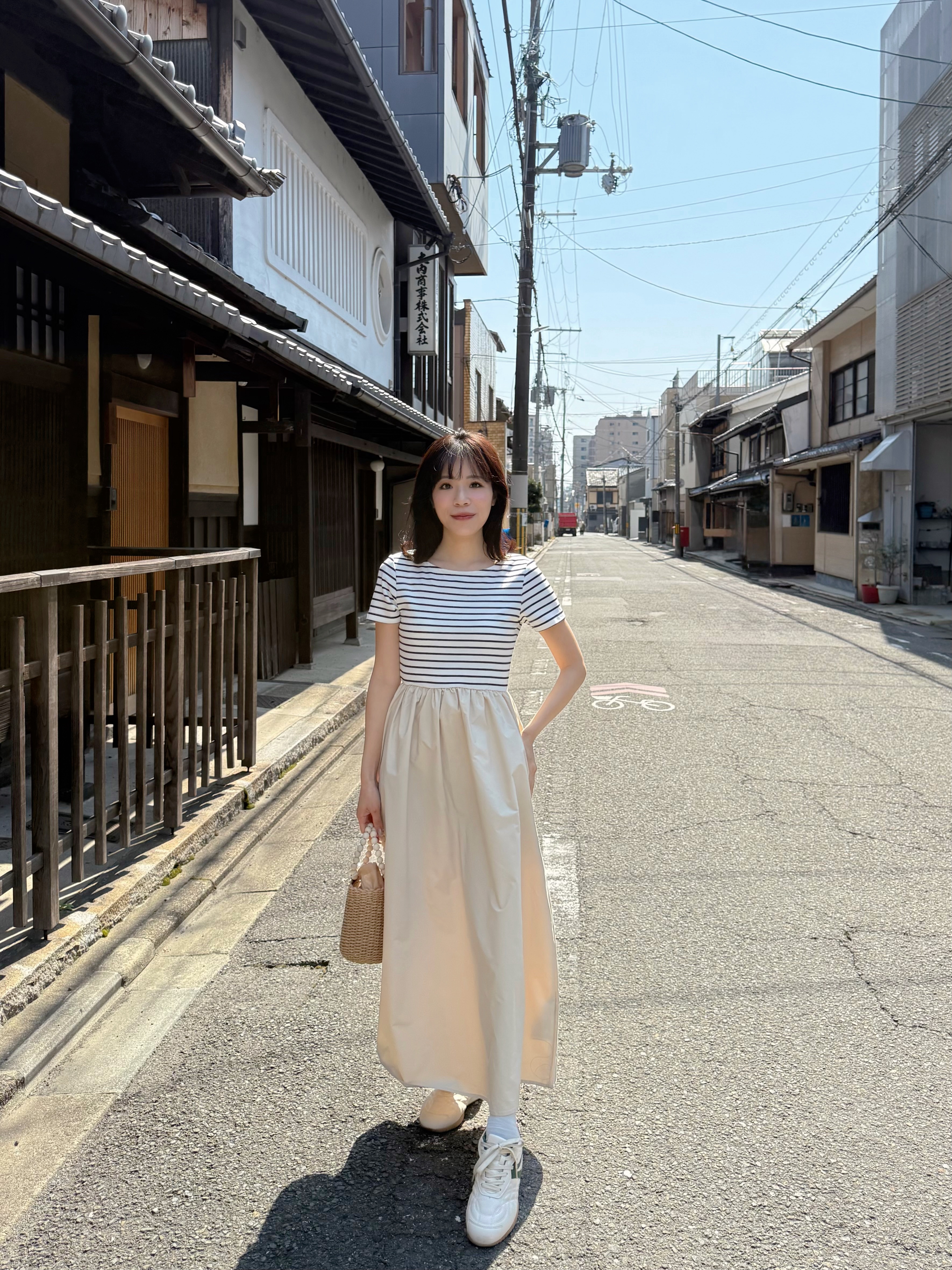 間條拼色修腰A line連身裙