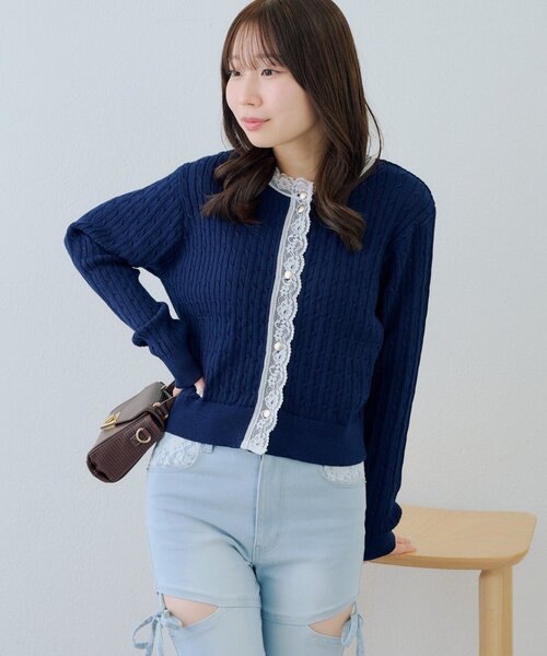 3色•蕾絲企領麻花針織外套