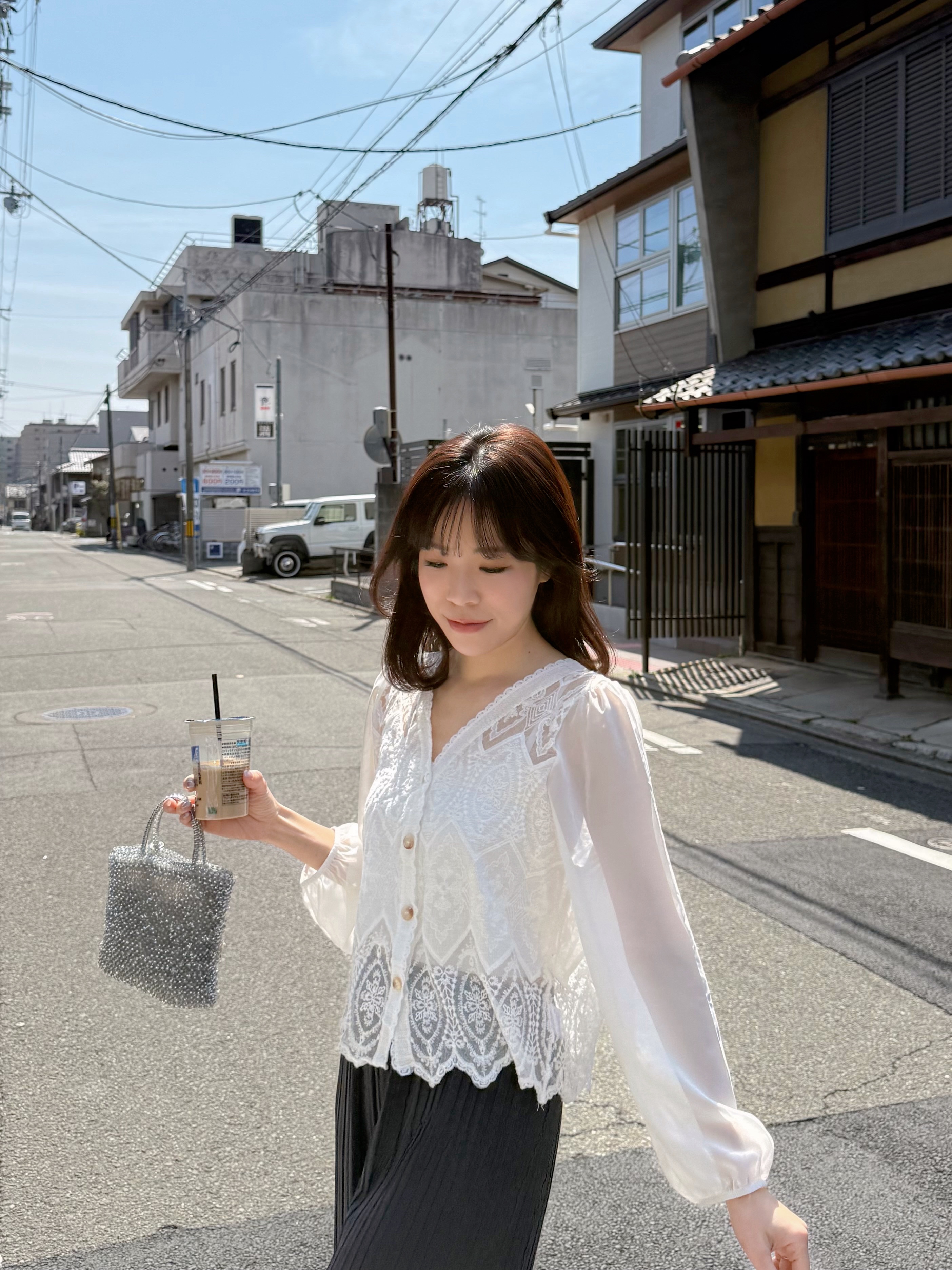 V領蕾絲雪紡袖外套上衣