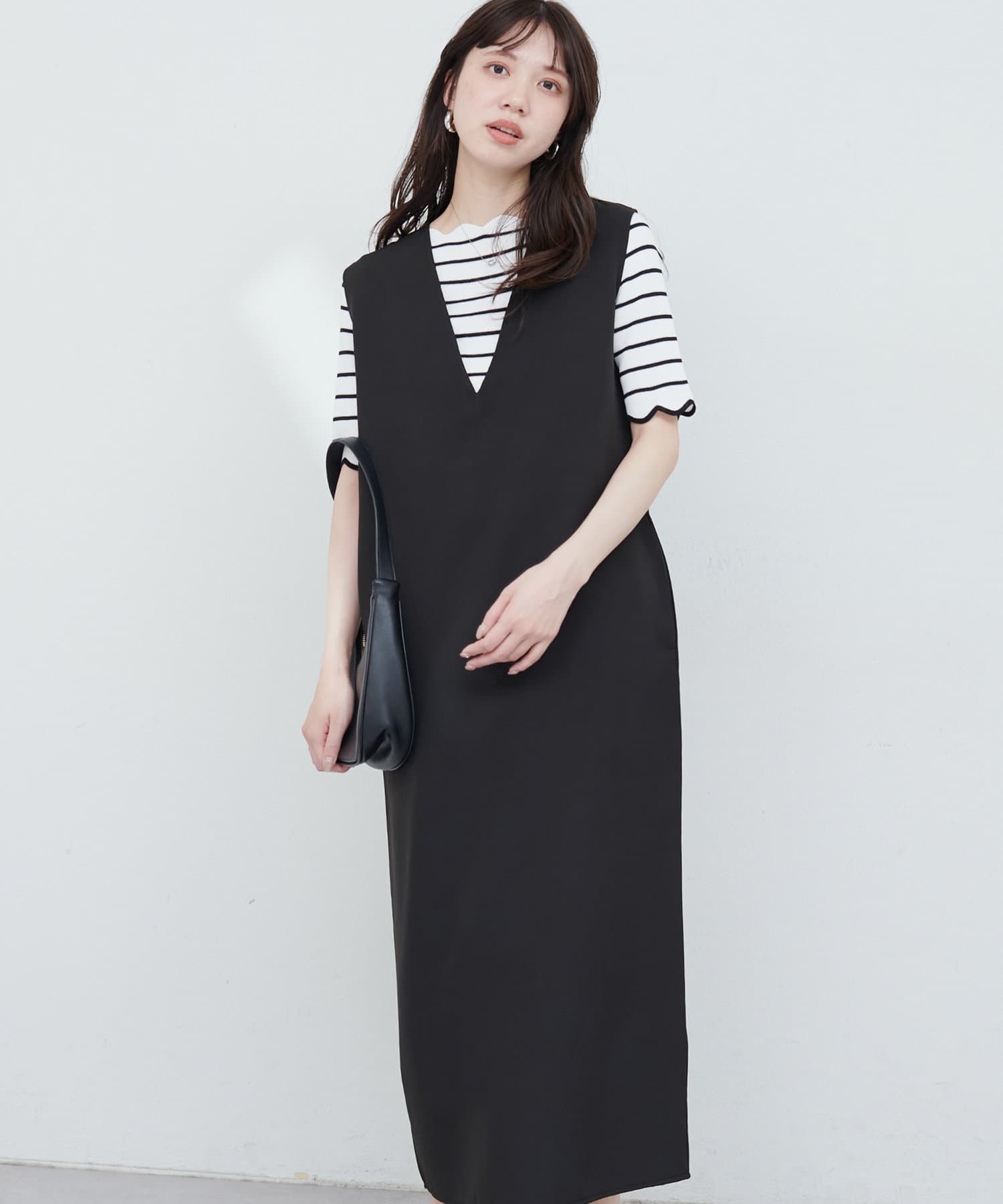 V領有袋雪紡背心連身裙