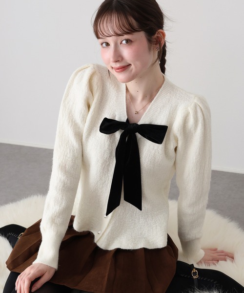 3色•Size M•絲絨蝴蝶結傘擺金線針織外套