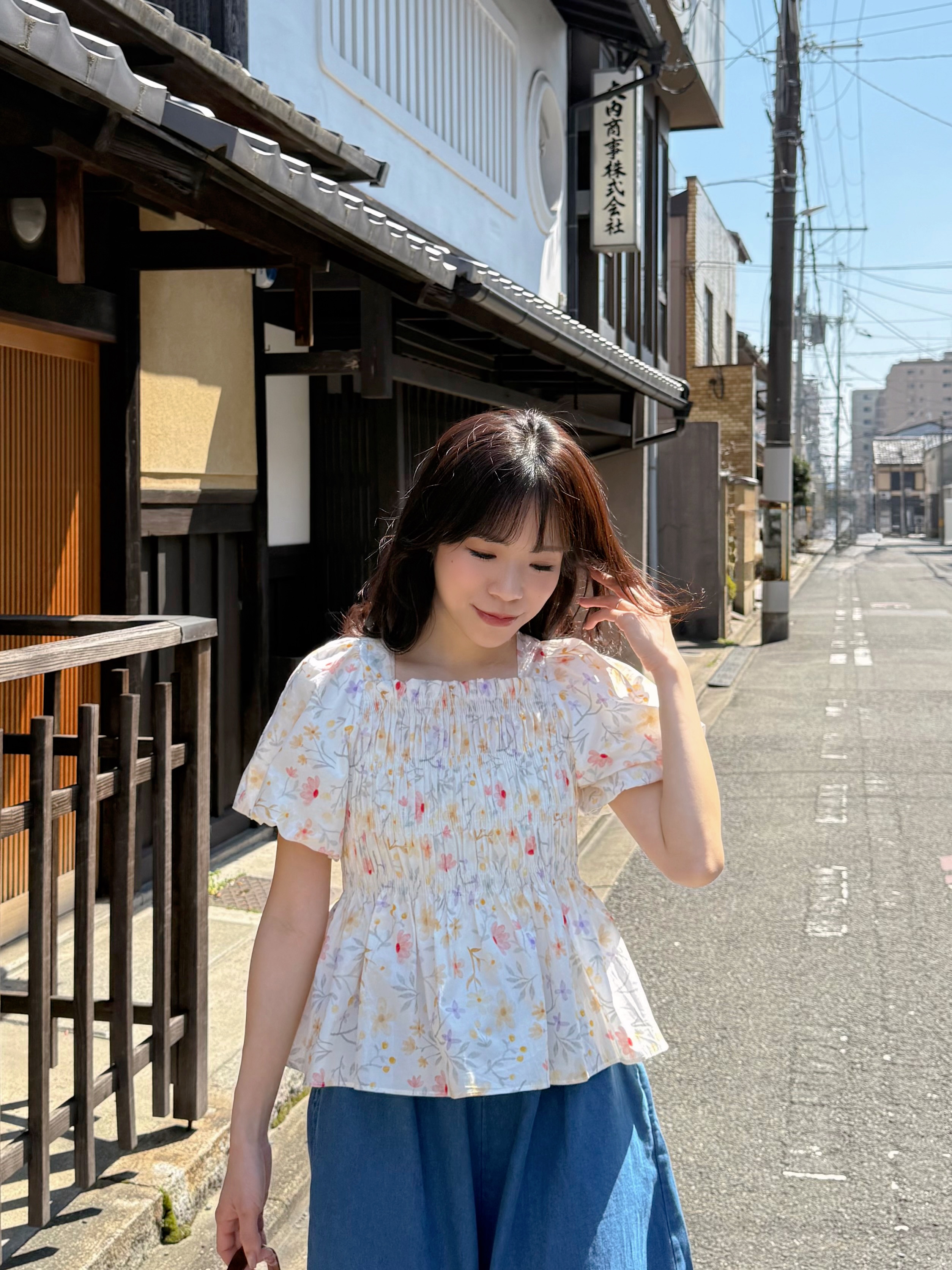 暖色系花柄方領摺摺全綿上衣