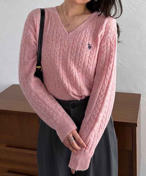 5色・M-LL・U.S. POLO ASSN. 刺繡V領麻花針織上衣