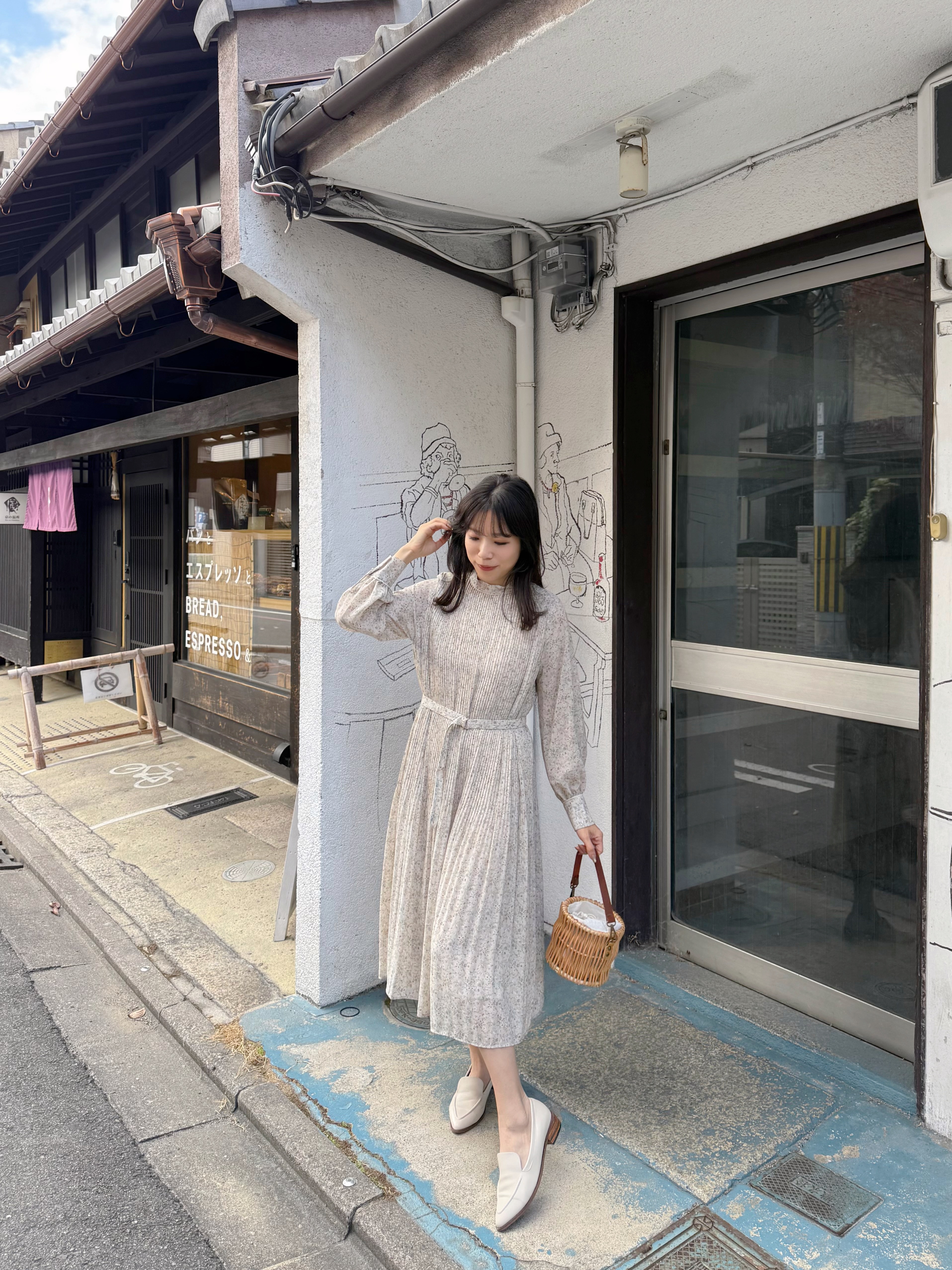 3色•百褶腰帶雪紡連身裙