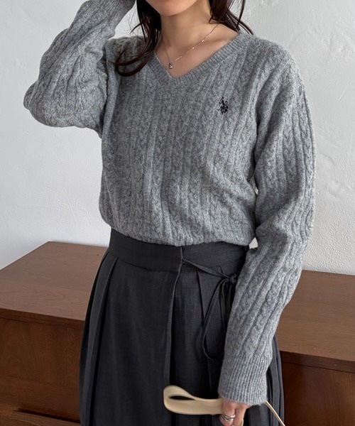 5色・M-LL・U.S. POLO ASSN. 刺繡V領麻花針織上衣