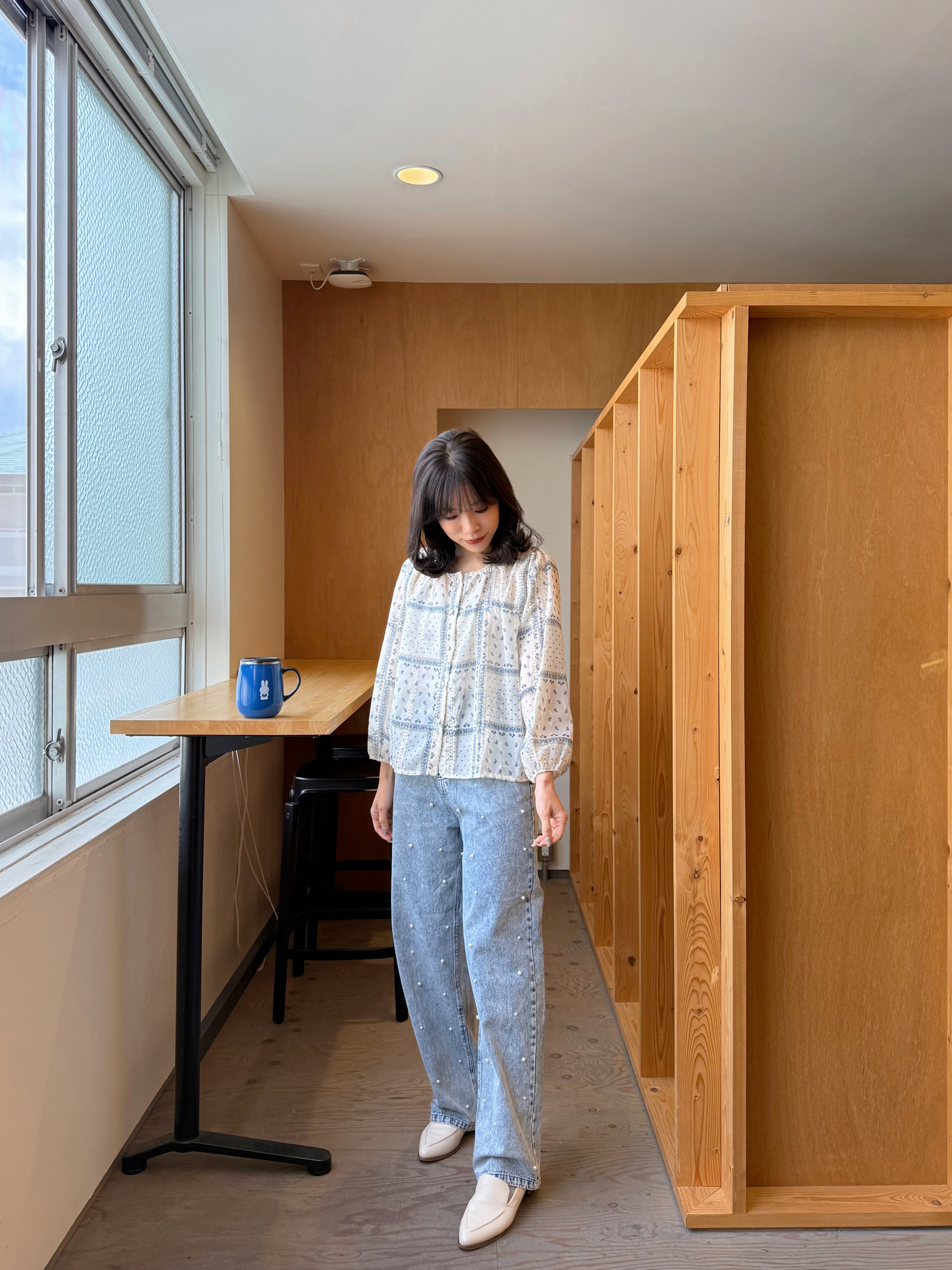 藍白印花8分袖雪紡上衣