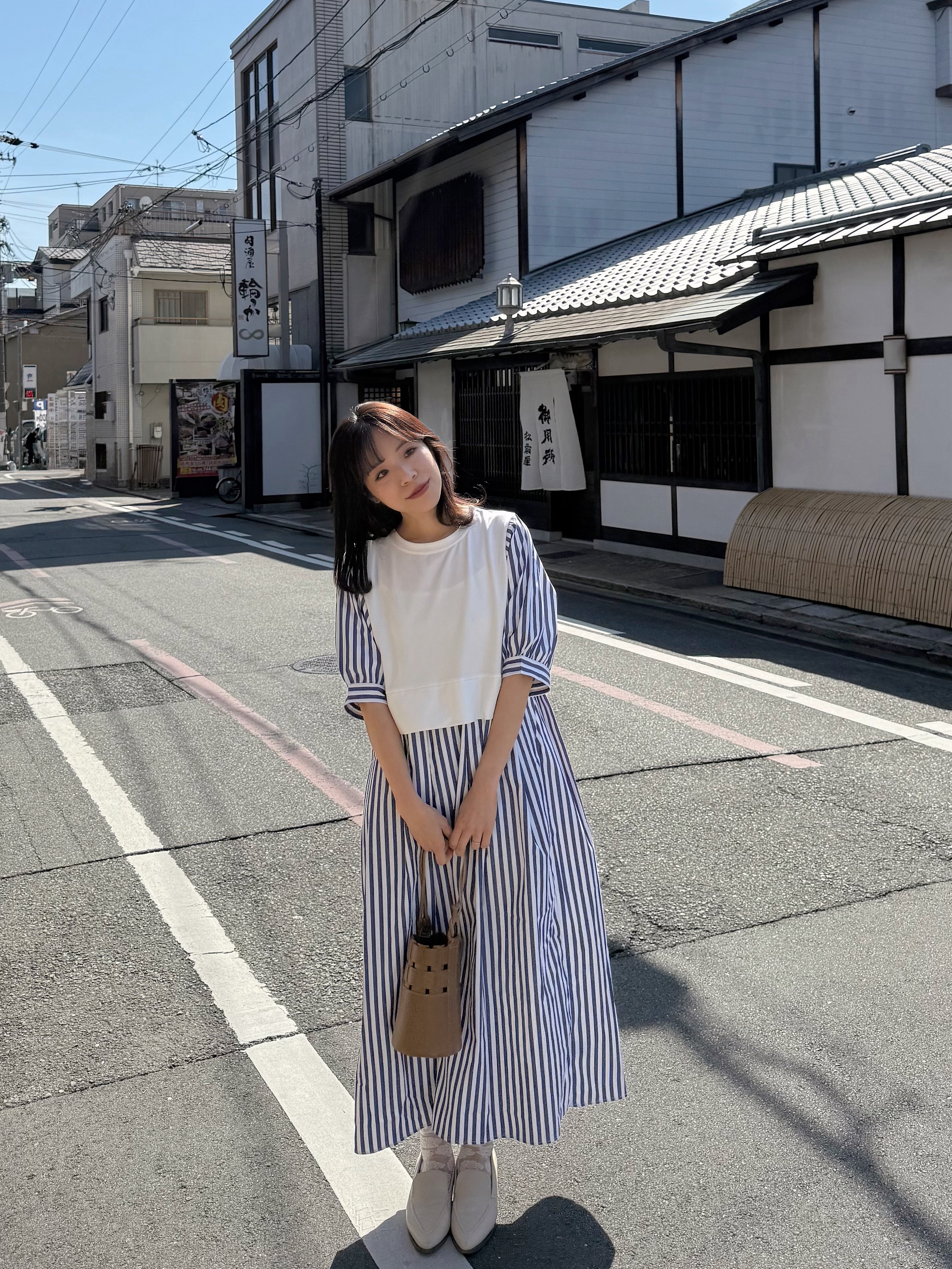 2色•5分袖直條紋拼色布連身裙