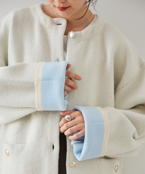 拼色金扣中長款針織外套