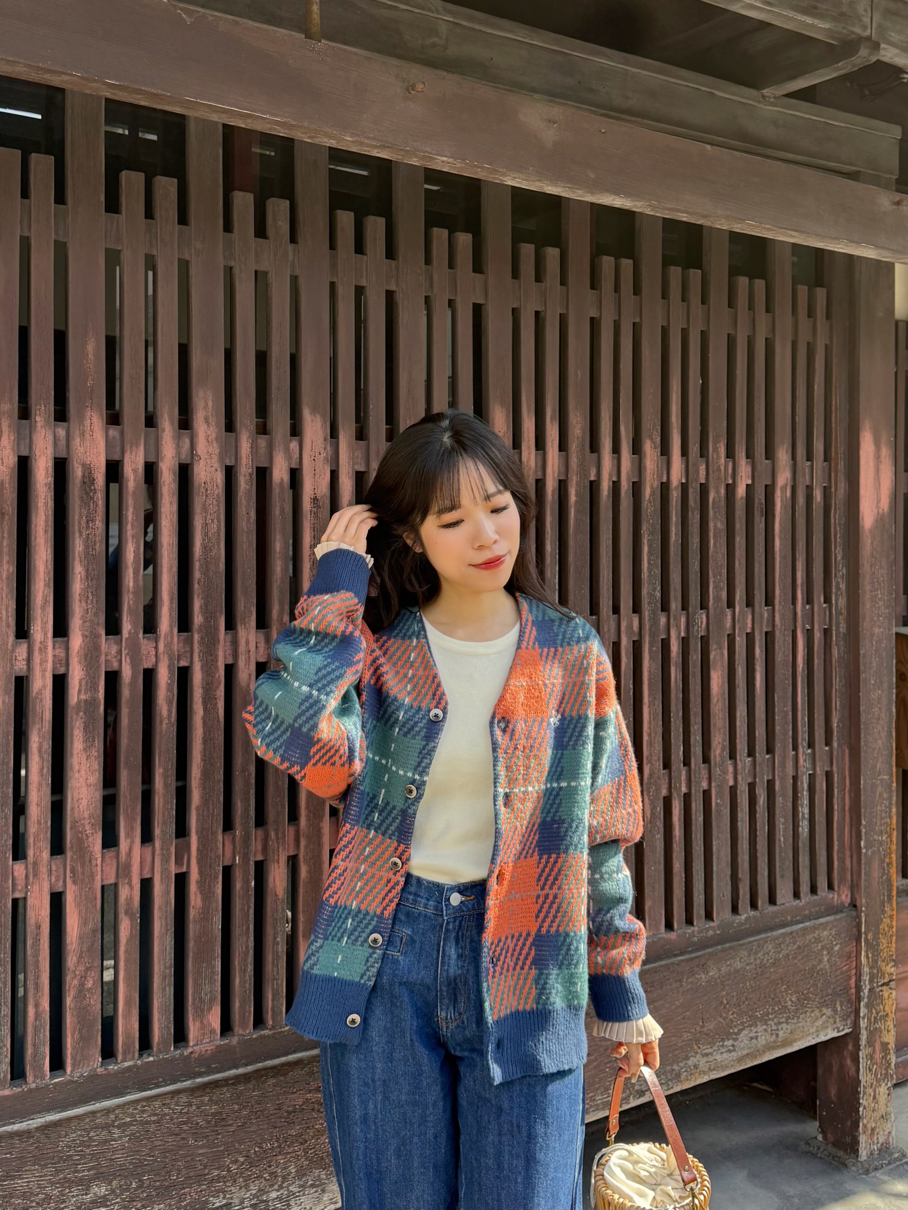 4色•Polo拼色大格紋針織外套