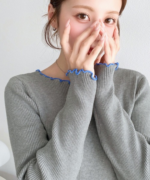 7色•M-L•圓領撞色木耳邊羅紋針織上衣