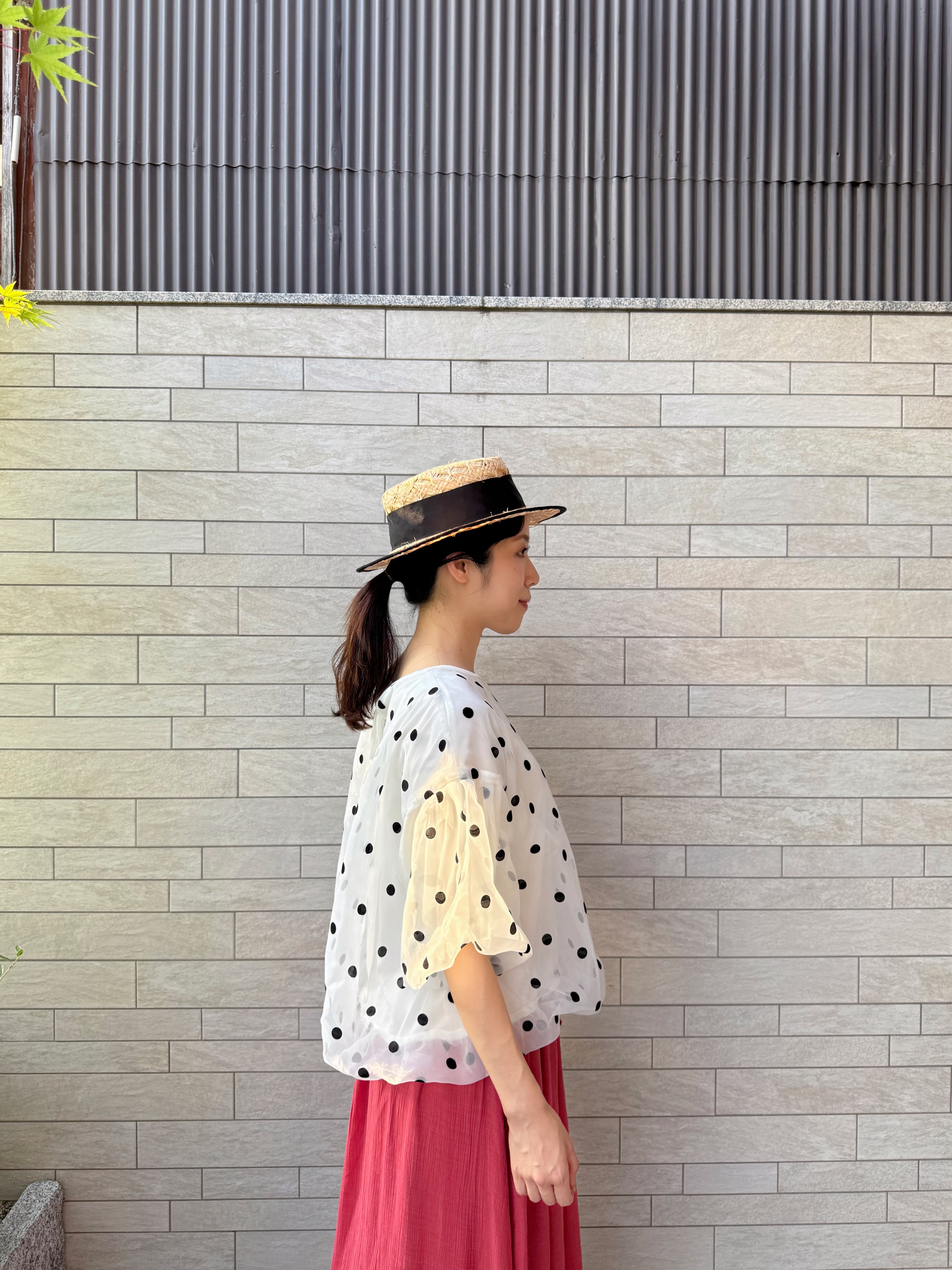 泡泡袖波點雪紡上衣