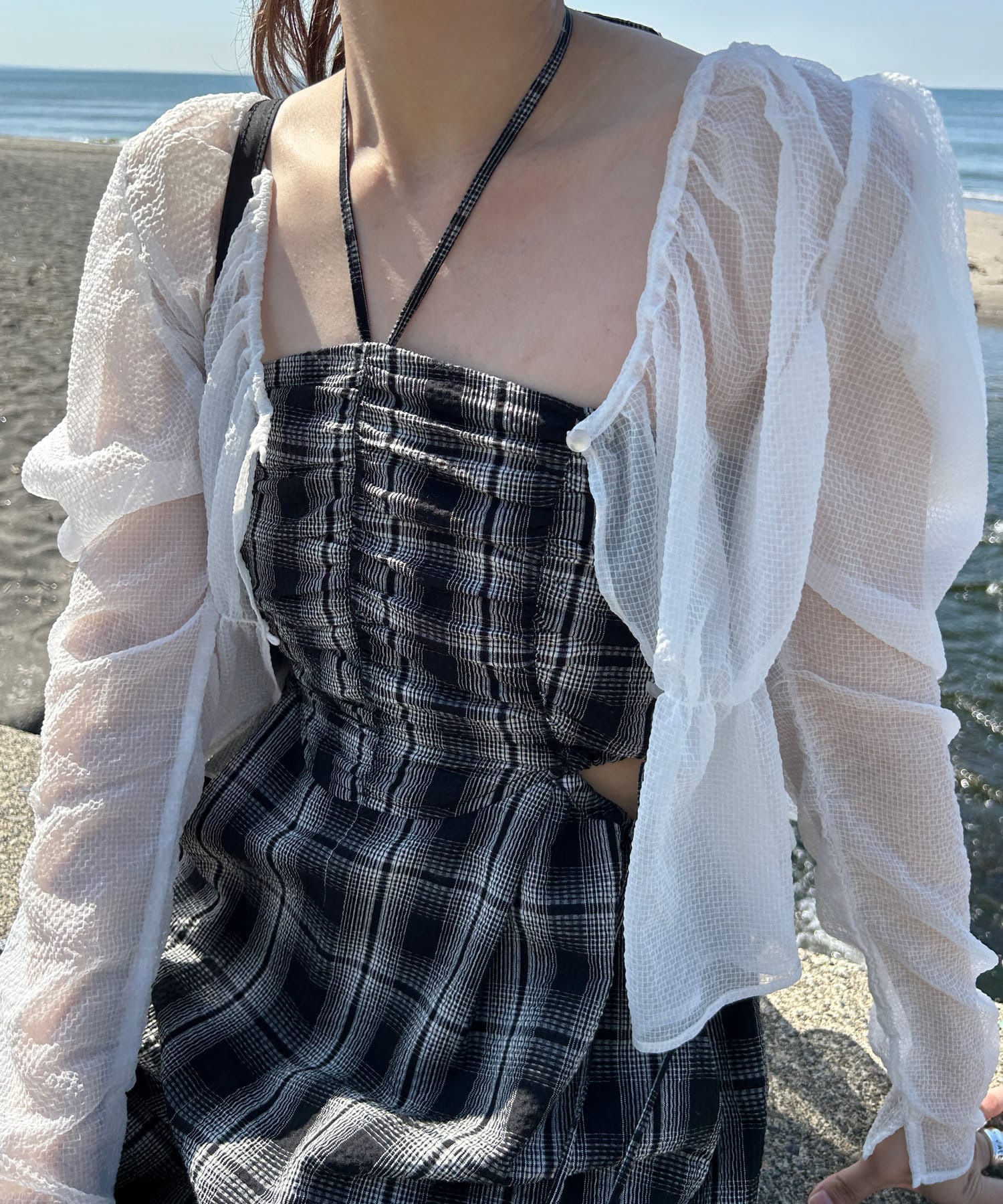 黑白格吊帶連身褲 + 髮圈套裝