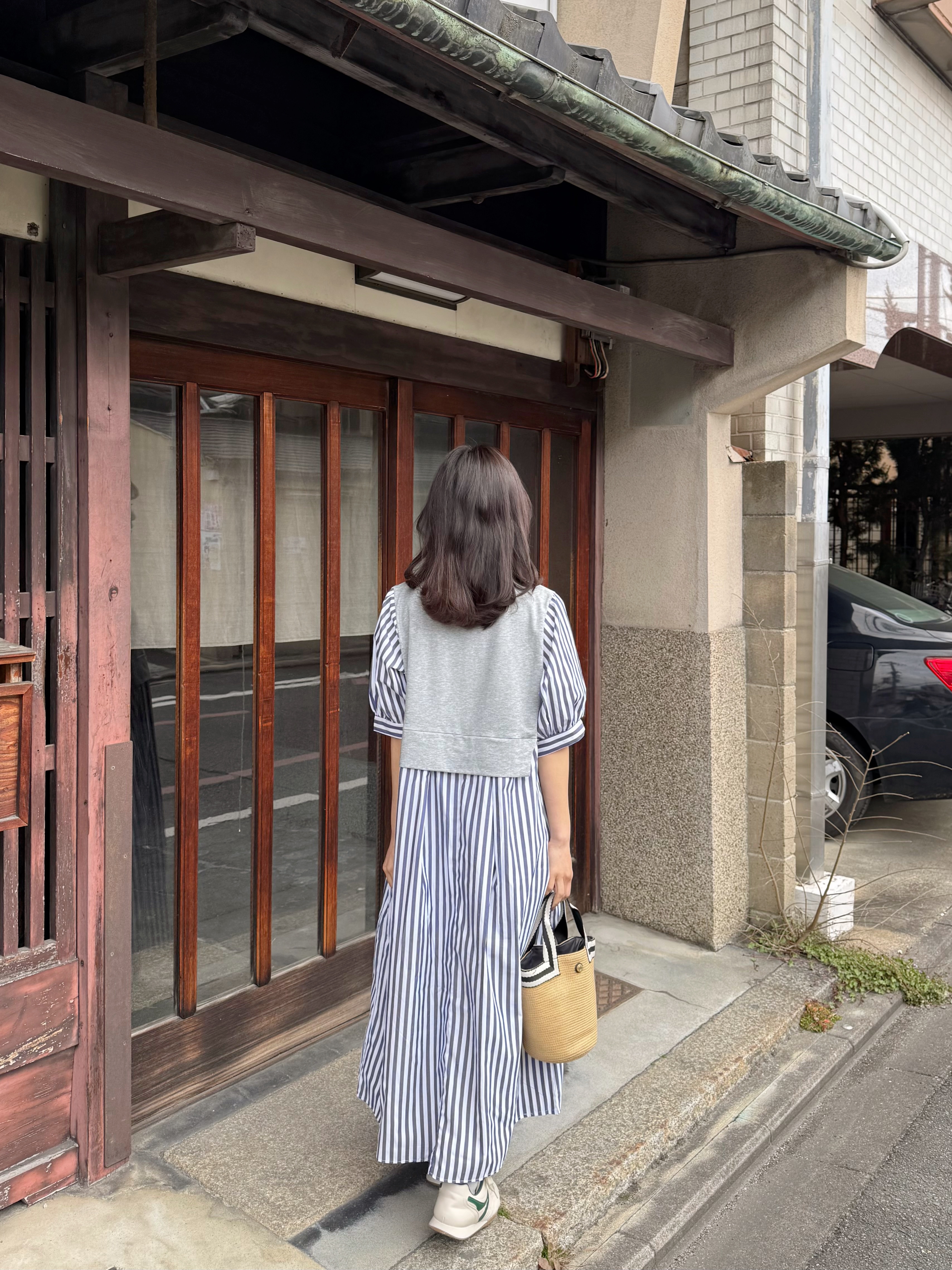 2色•5分袖直條紋拼色布連身裙