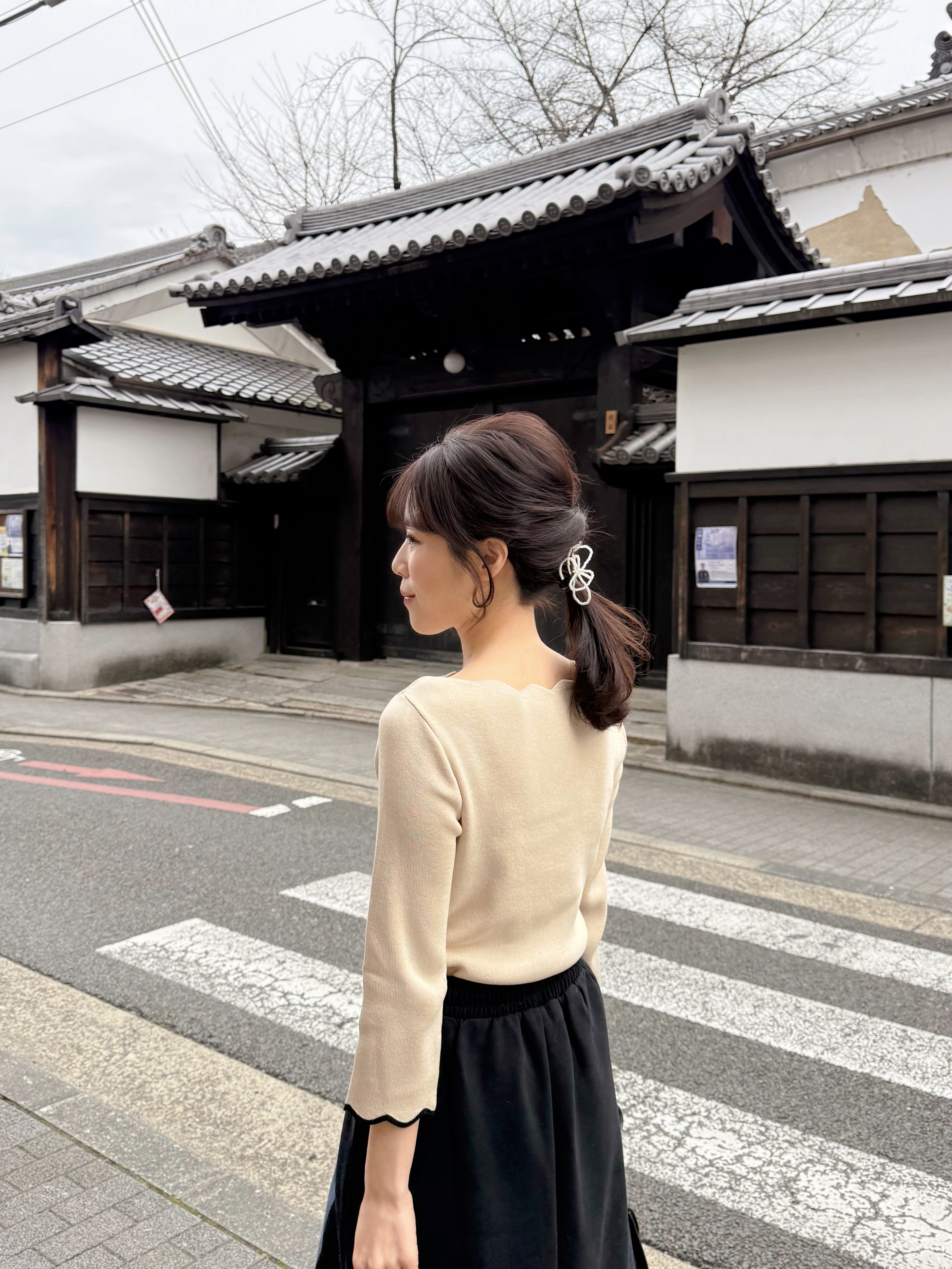 2色•拼色7分袖波浪邊針織上衣