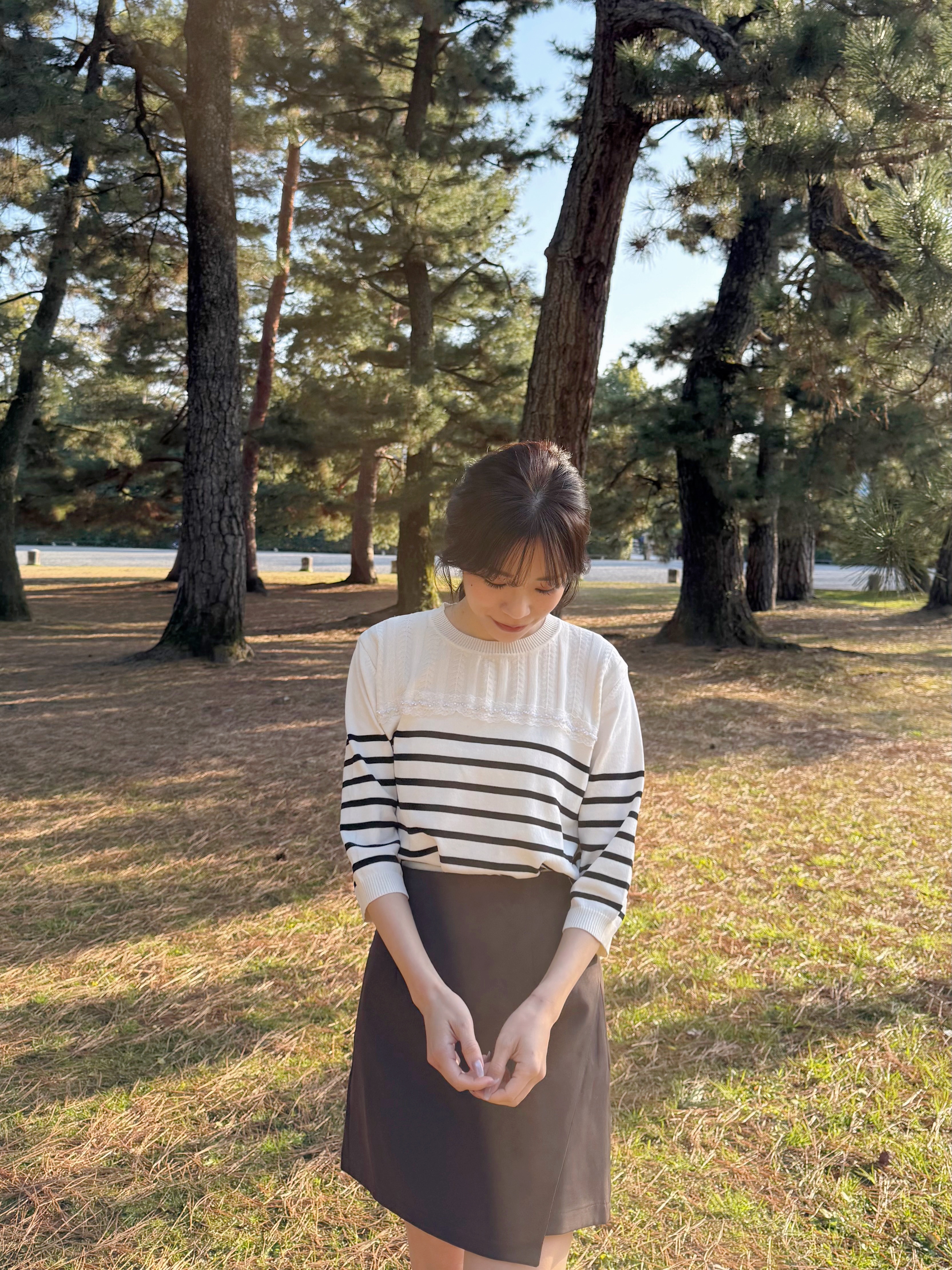 間條蕾絲邊7分袖薄款針織上衣