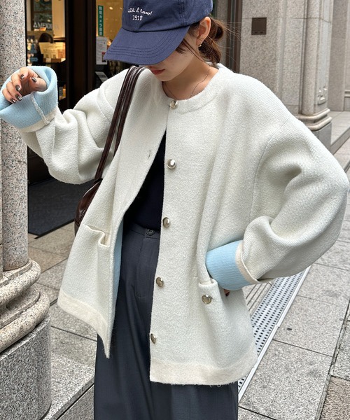 拼色金扣中長款針織外套