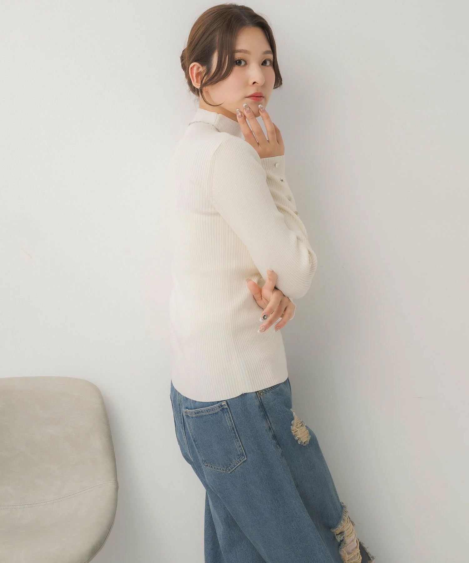 閃閃/ 淨色啞色扣閃閃企領針織