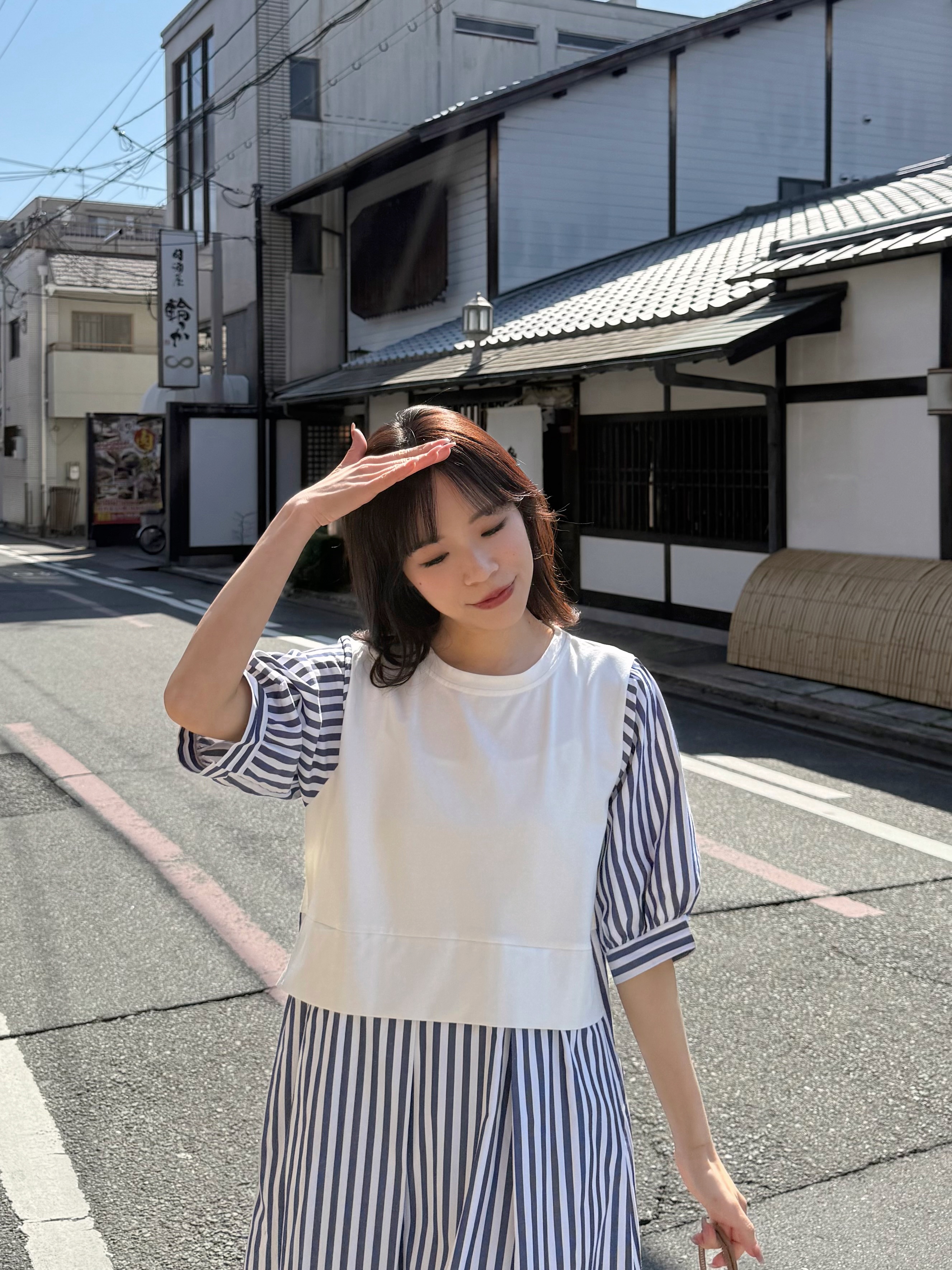 2色•5分袖直條紋拼色布連身裙