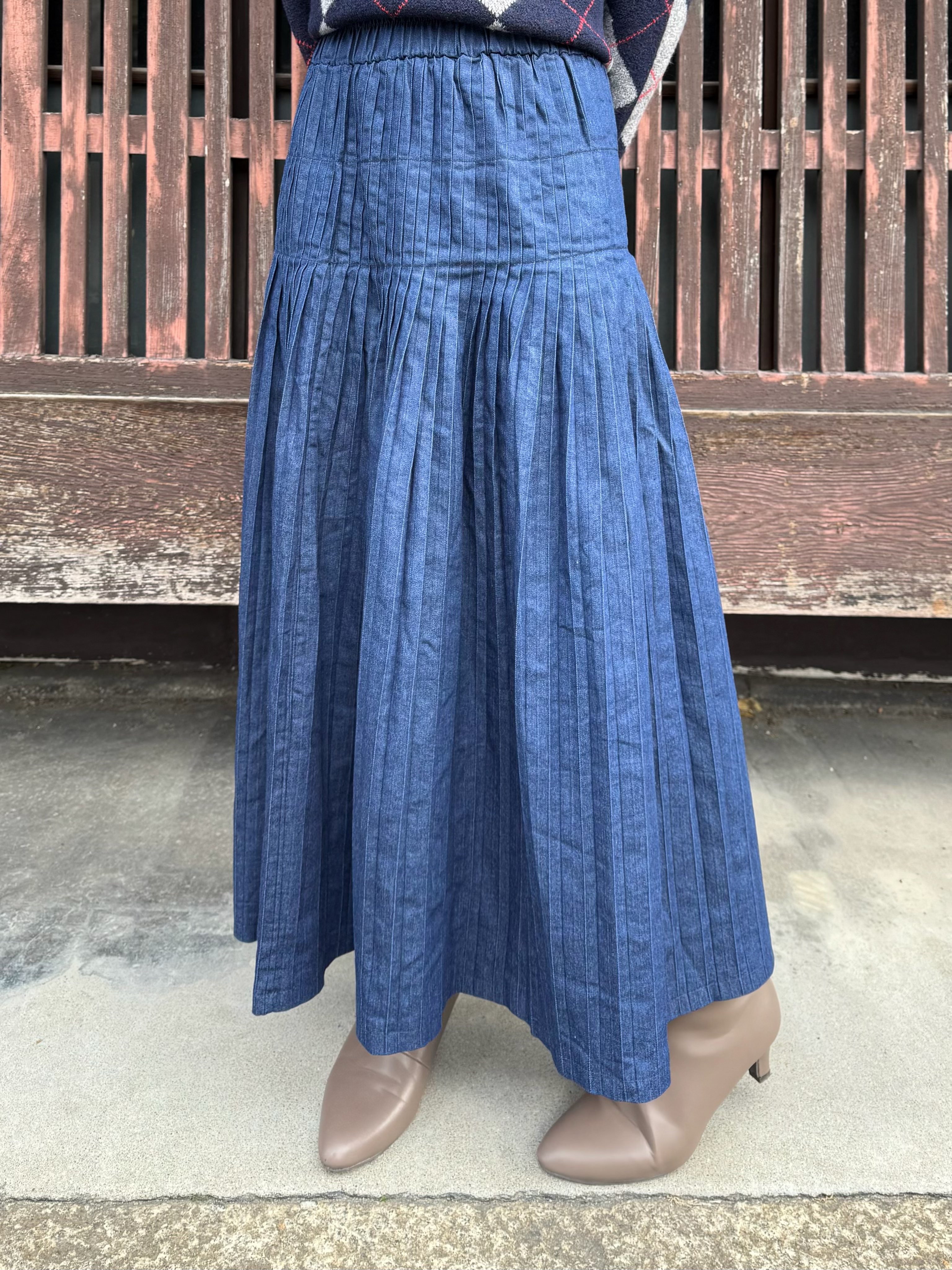 百褶牛仔長款半身裙