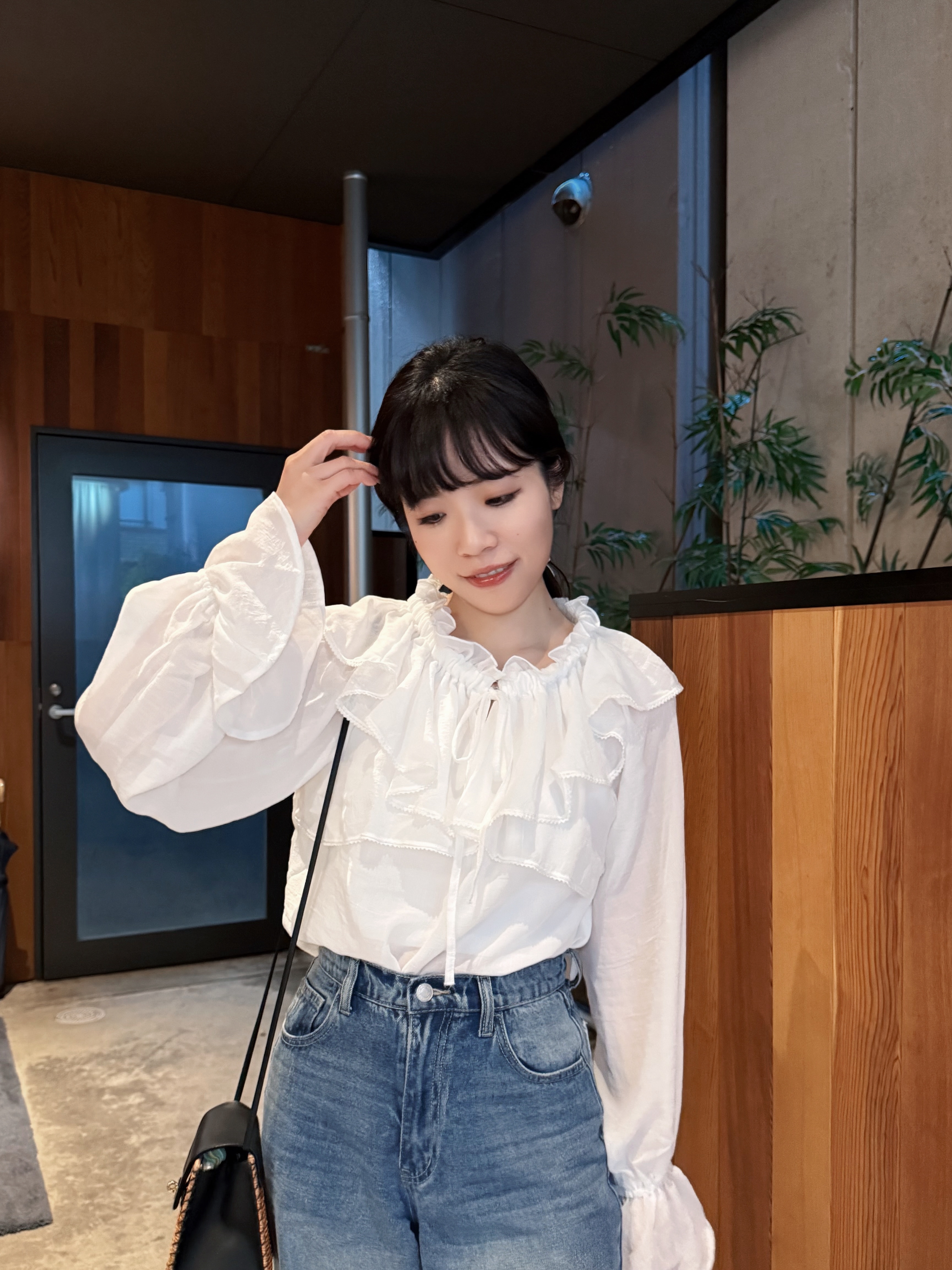 2Way波浪領束袖薄長袖上衣