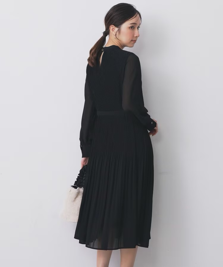 3色•百褶腰帶雪紡連身裙