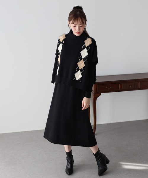 11色・M-LONG・側邊綁帶斗篷背心+螺紋針織長洋裝套裝