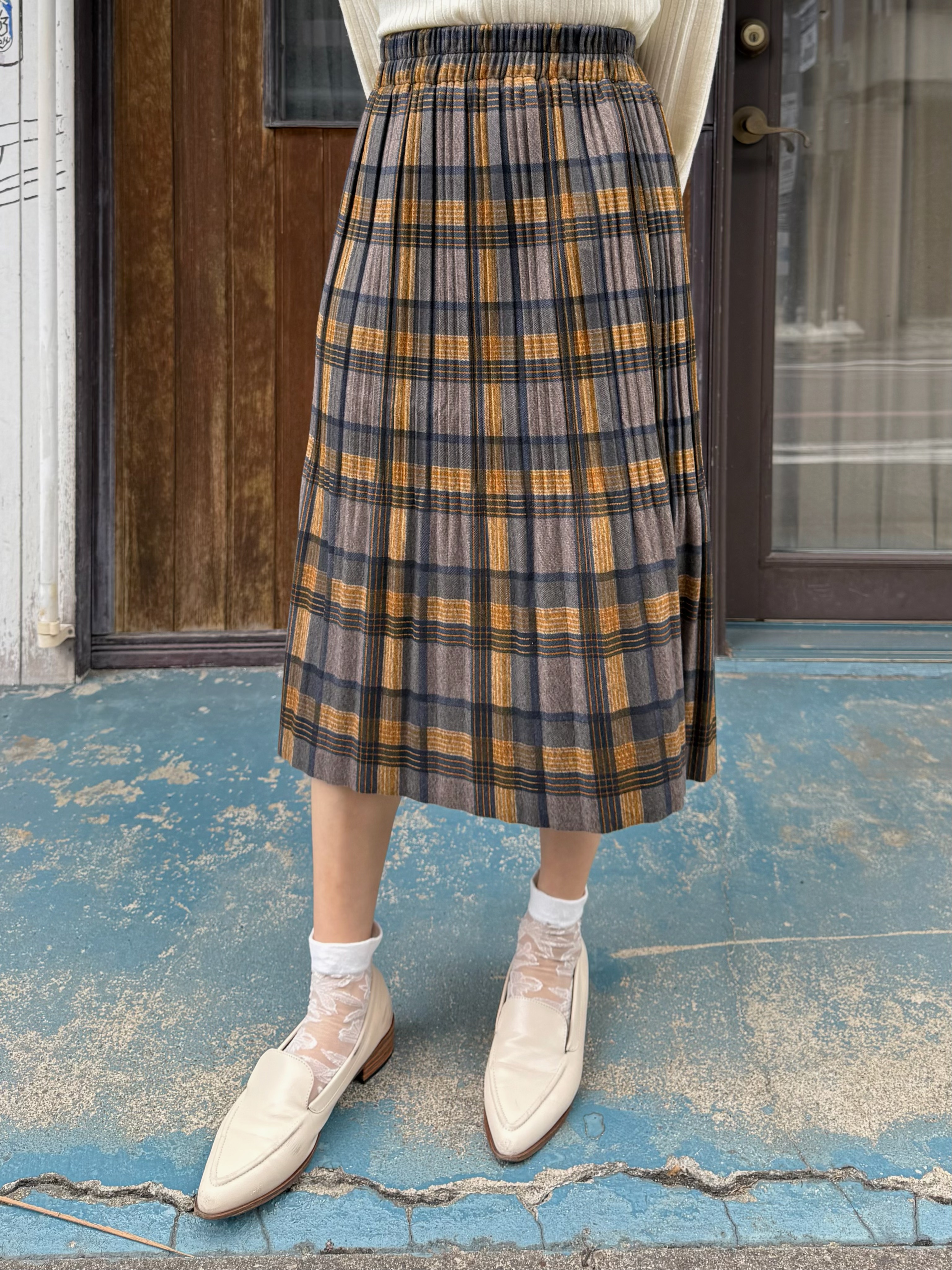 英倫風藍綠格紋薄絨長裙