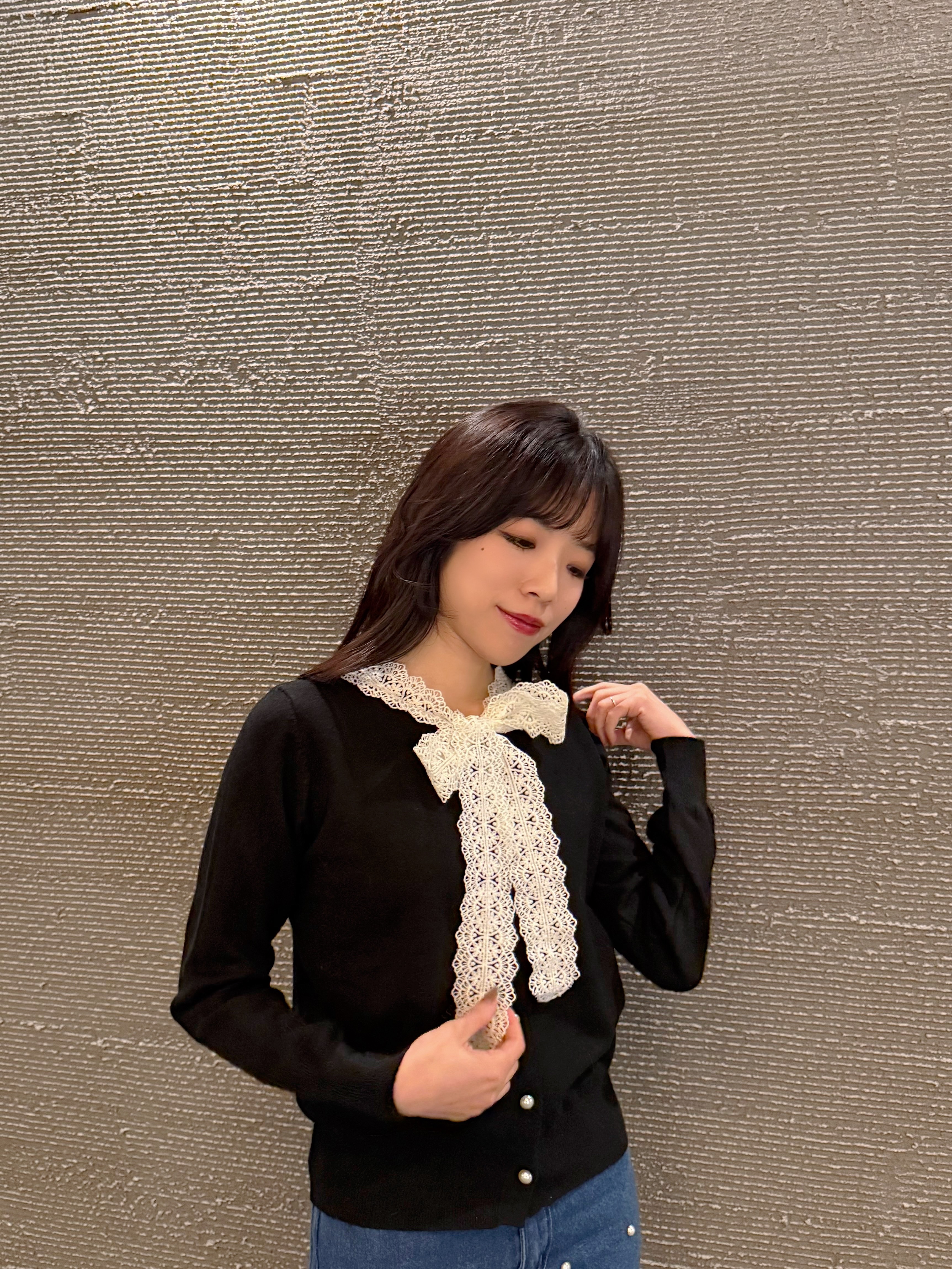 3色•蕾絲蝴蝶結領帶針織外套上衣