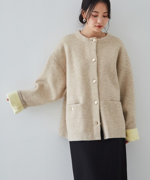 拼色金扣中長款針織外套