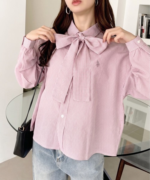 9色•Size F•領結短款泡泡袖襯衫（格紋/素色）