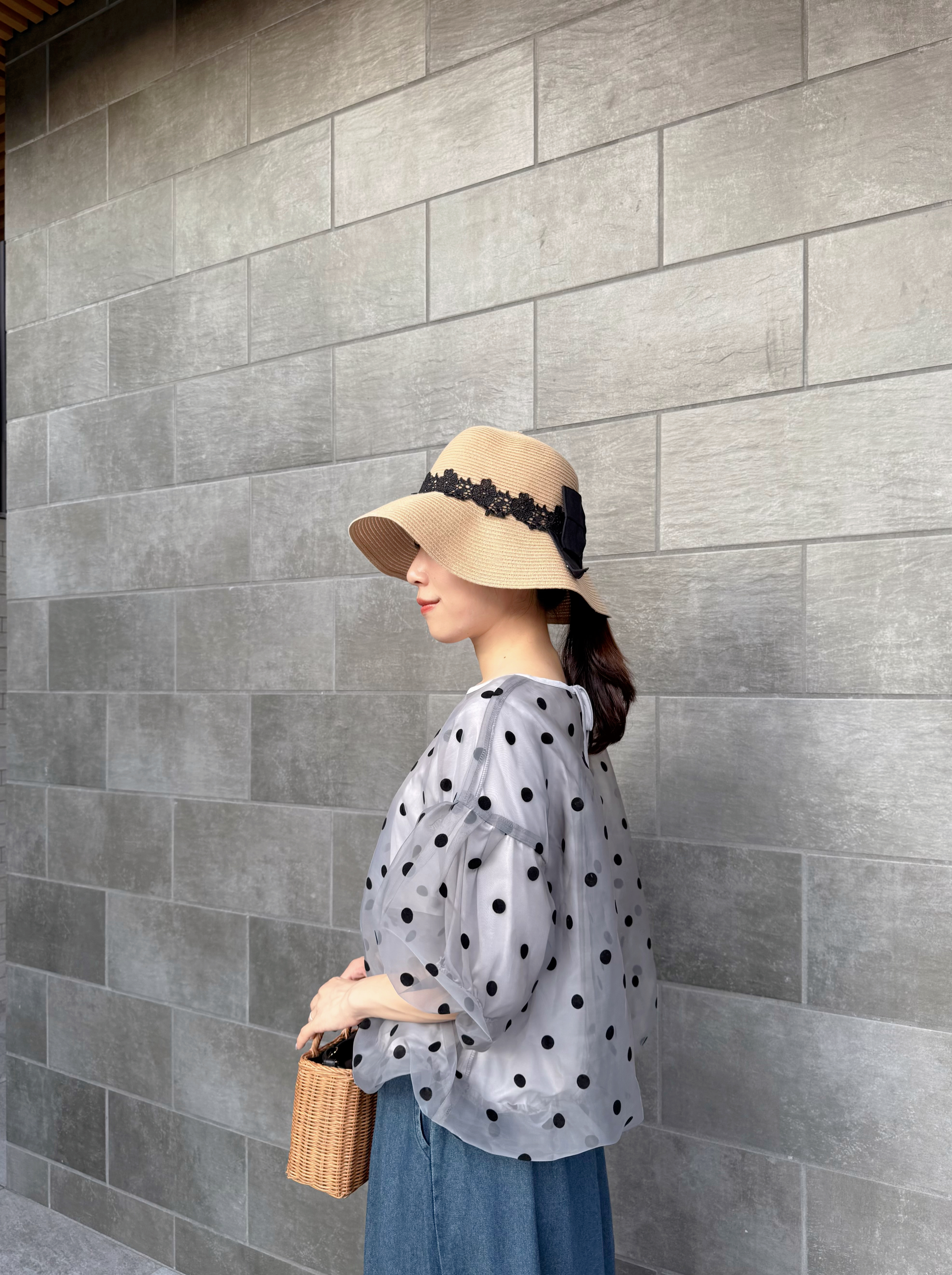 泡泡袖波點雪紡上衣