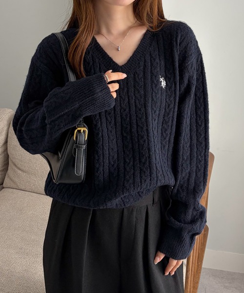 5色・M-LL・U.S. POLO ASSN. 刺繡V領麻花針織上衣