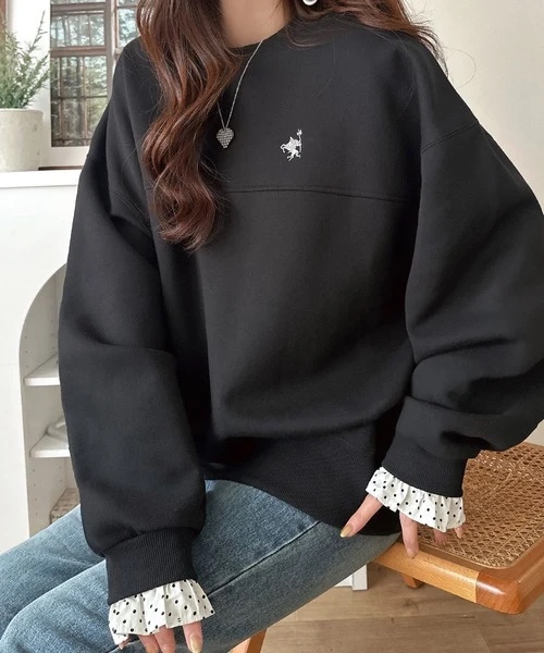 5色・S-LL・袖口波點荷葉邊胸前刺繡寬鬆內刷毛衛衣