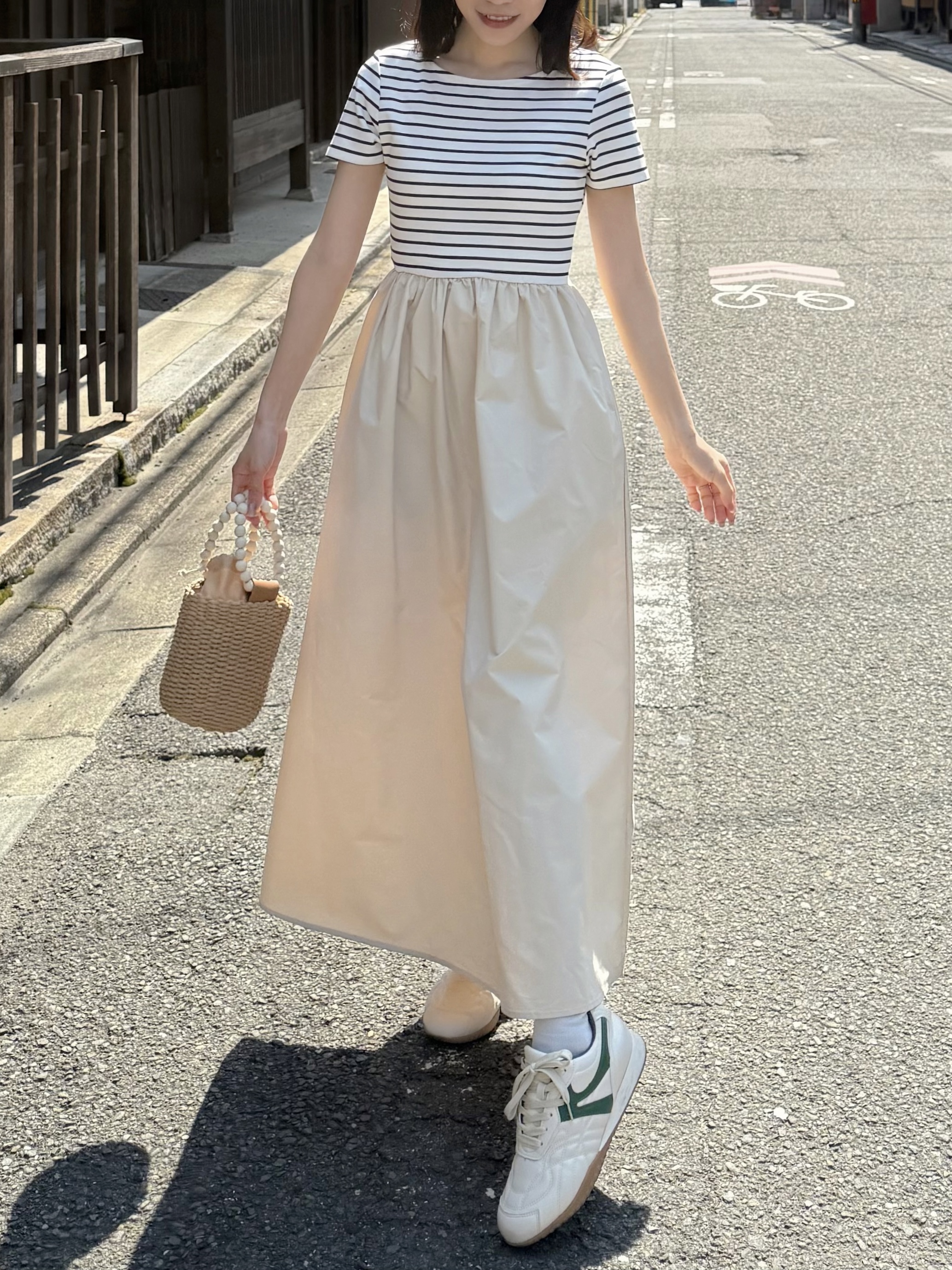 間條拼色修腰A line連身裙