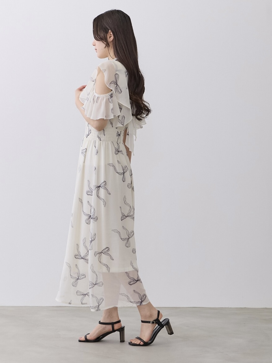 蝴蝶結印花雪紡連身裙