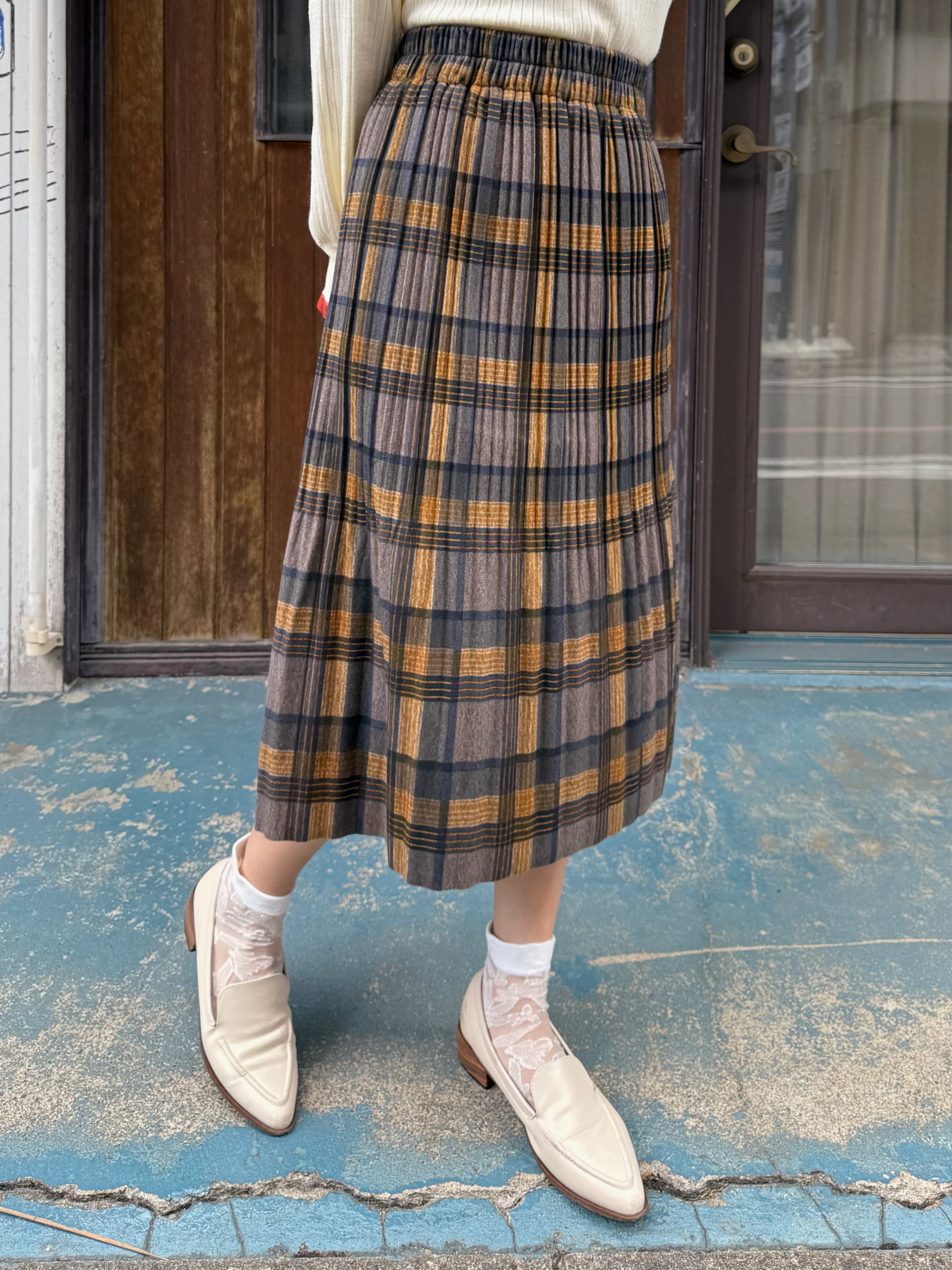 英倫風藍綠格紋薄絨長裙