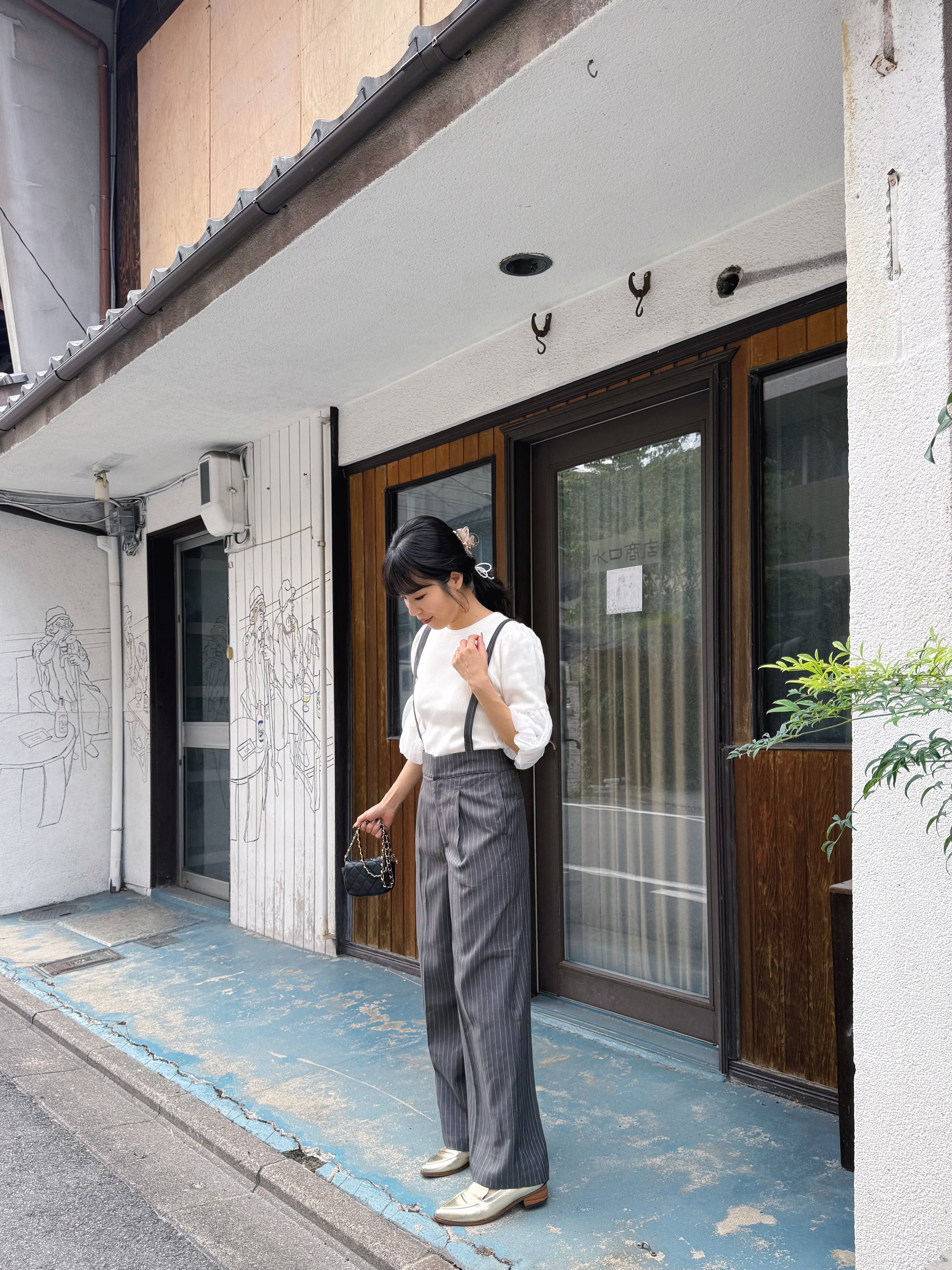 直條紋吊帶長褲