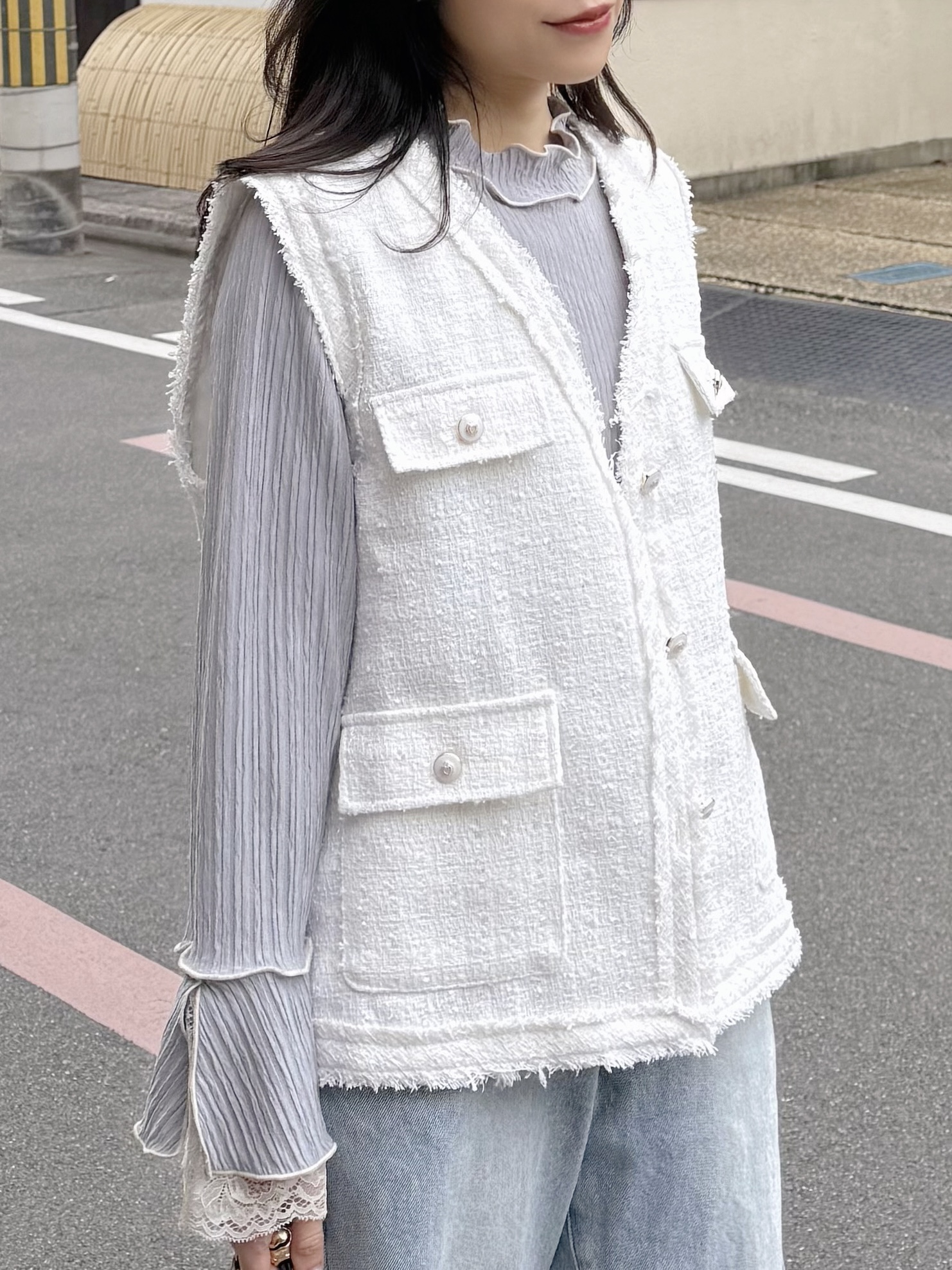 2色•銀絲Tweed流蘇邊背心外套