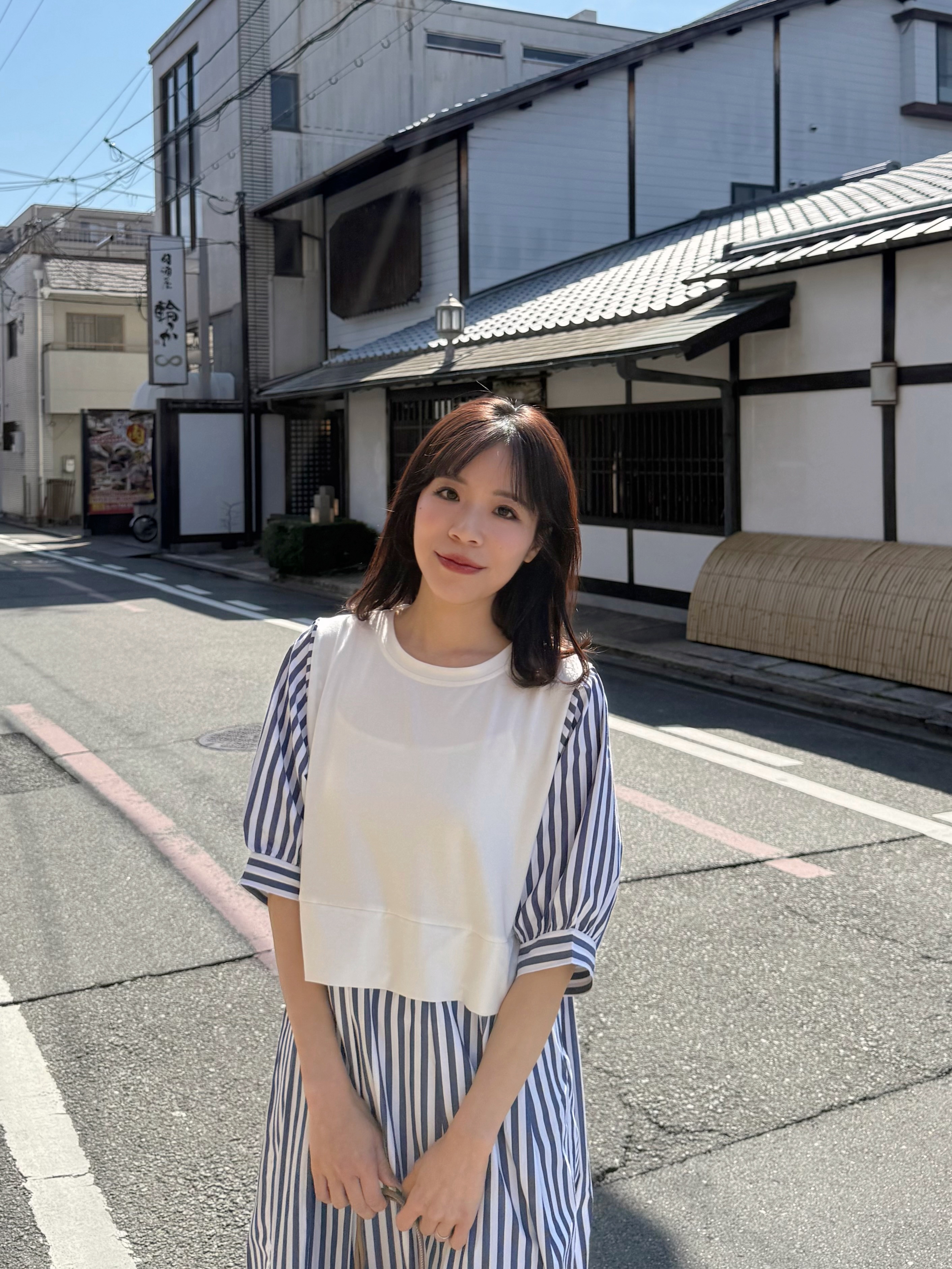 2色•5分袖直條紋拼色布連身裙