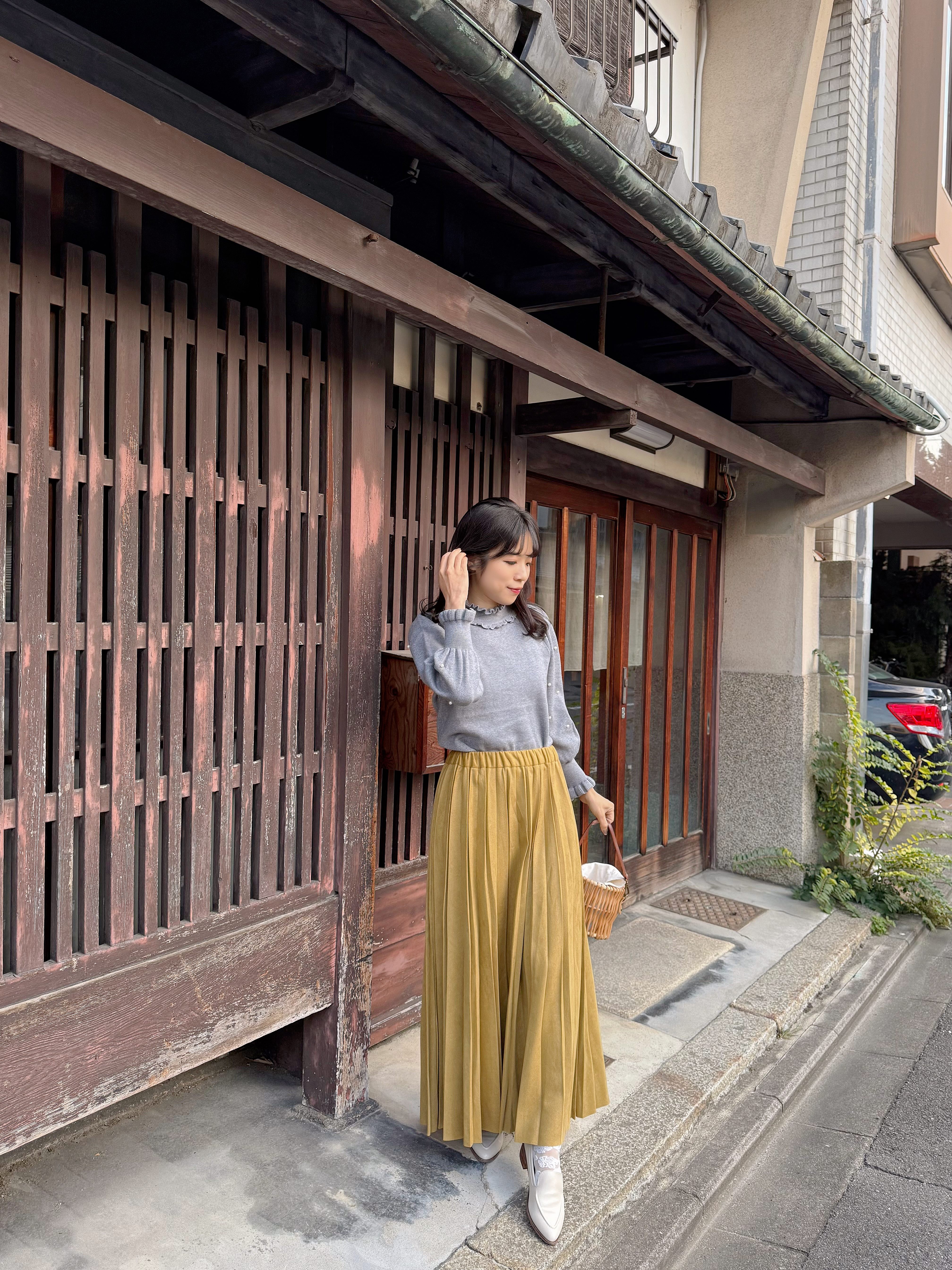 8色•磨毛百褶淨色長款半身裙