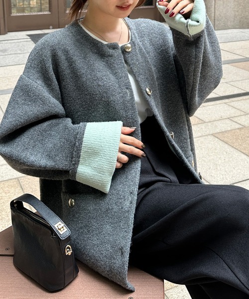 拼色金扣中長款針織外套