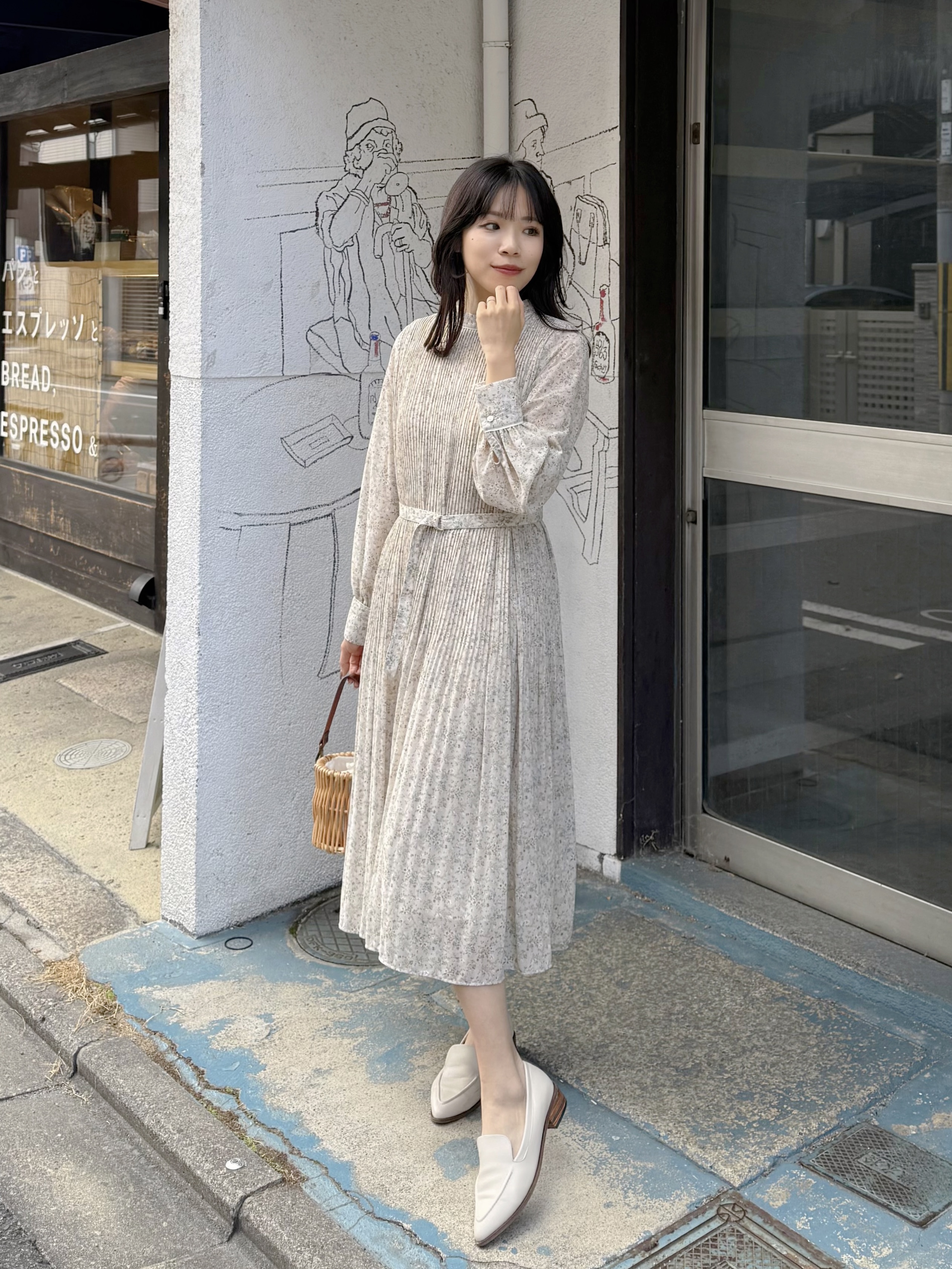 3色•百褶腰帶雪紡連身裙