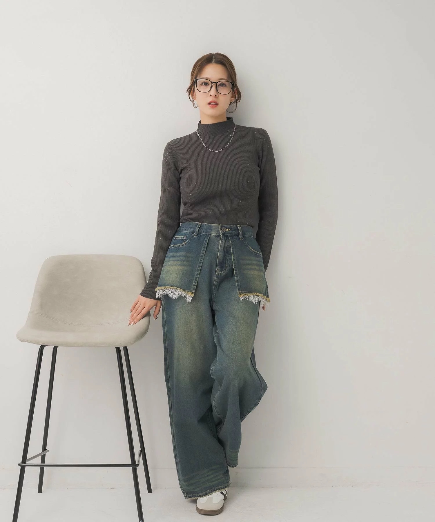 閃閃/ 淨色啞色扣閃閃企領針織