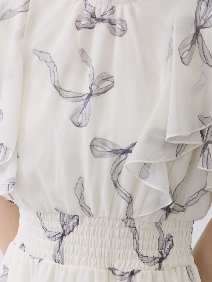 蝴蝶結印花雪紡連身裙