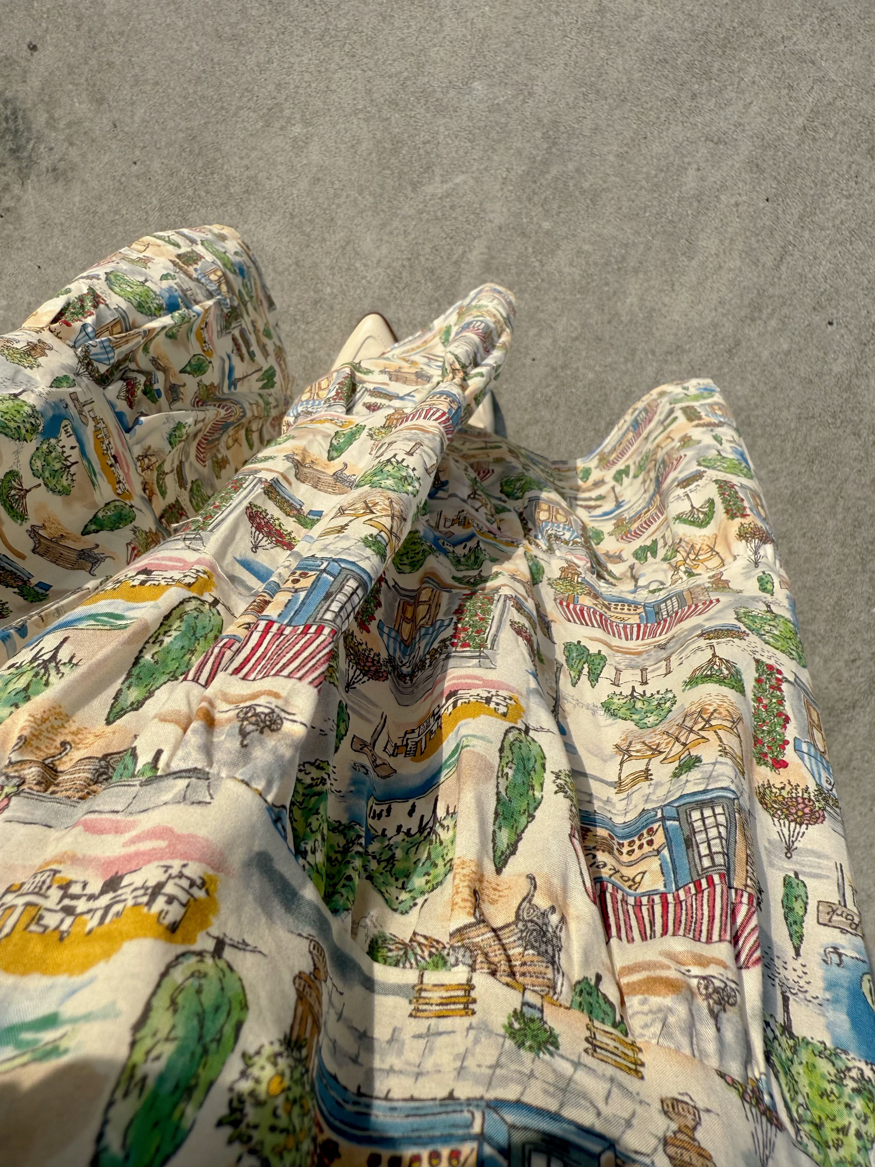 水彩風巴黎咖啡店印花綿質半身裙