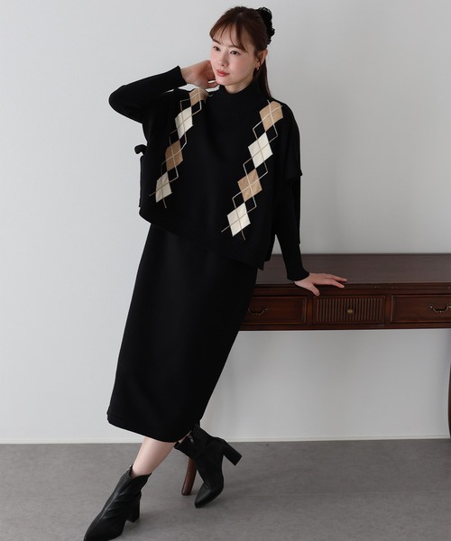 11色・M-LONG・側邊綁帶斗篷背心+螺紋針織長洋裝套裝