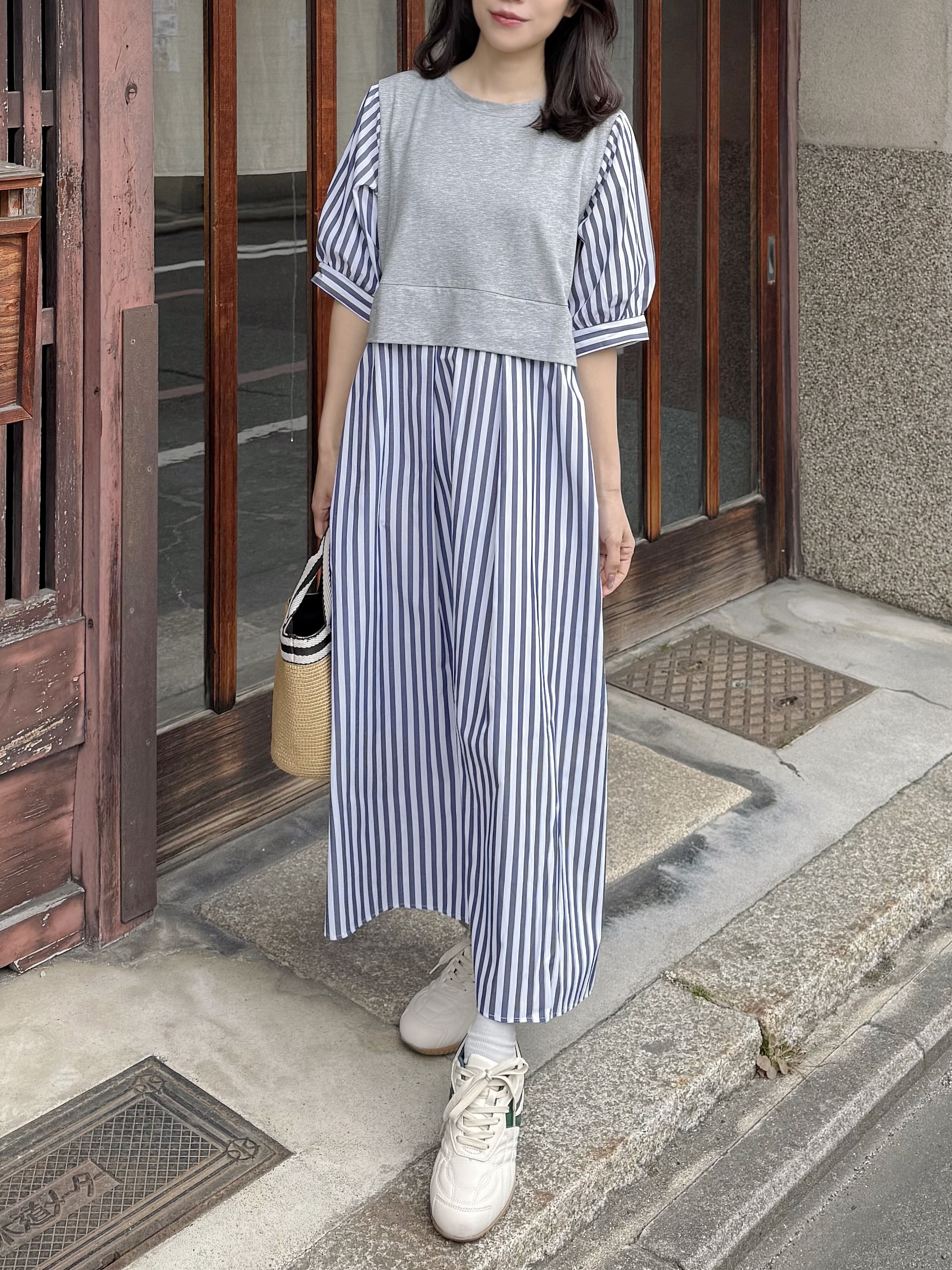 2色•5分袖直條紋拼色布連身裙