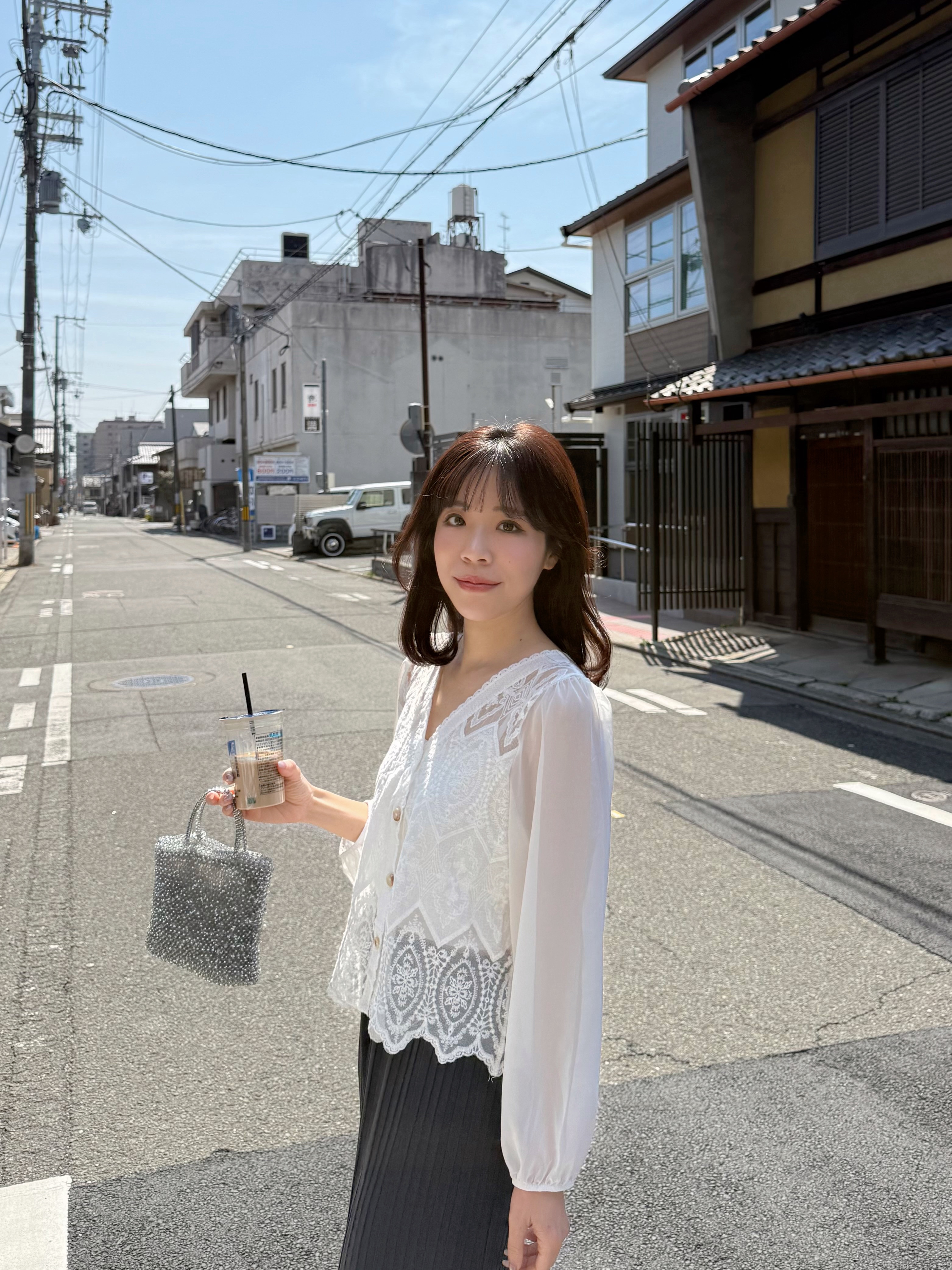 V領蕾絲雪紡袖外套上衣